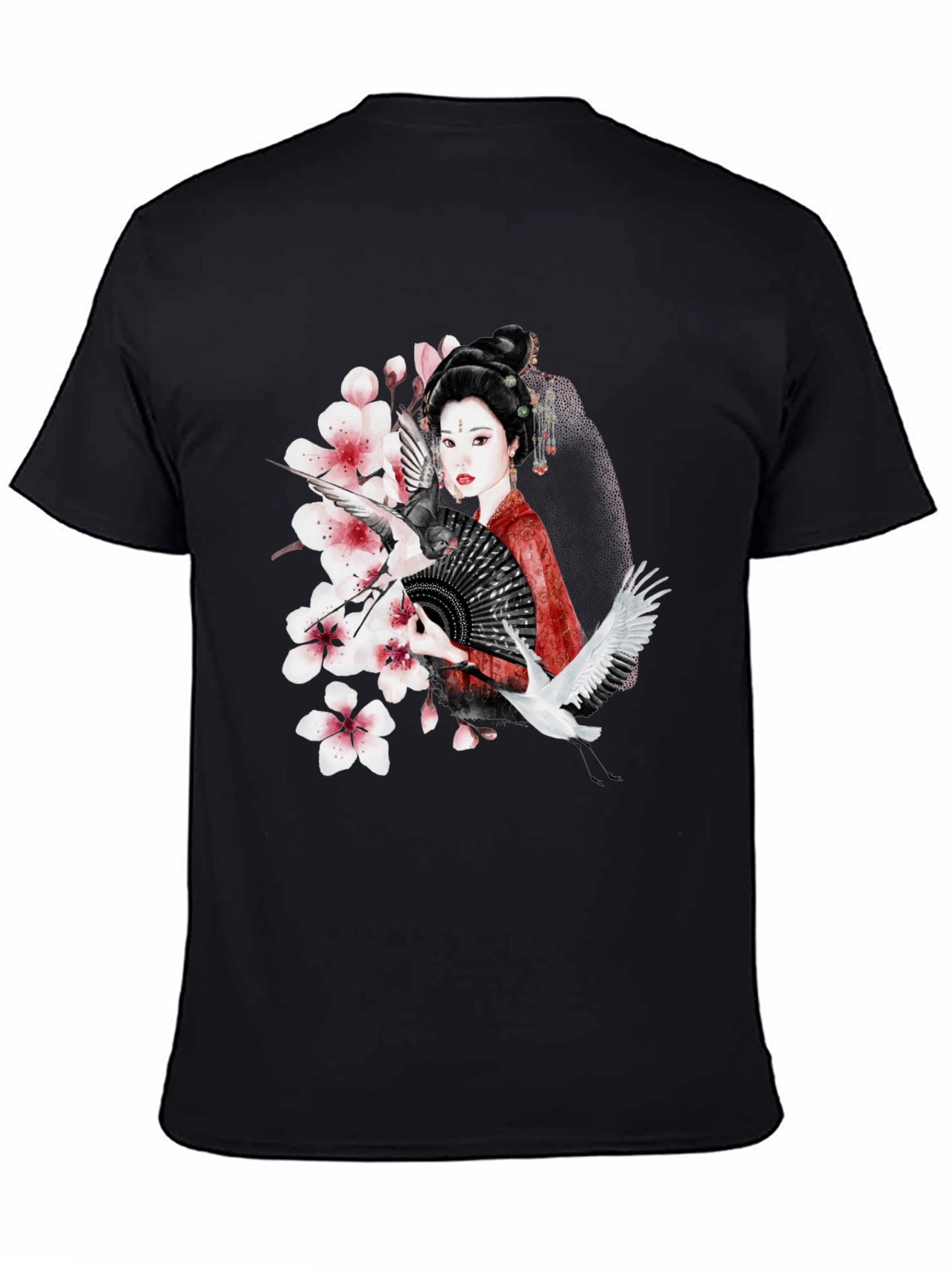 Black Asian Geisha Crane T-Shirt - Stylish Graphic Tee view 4