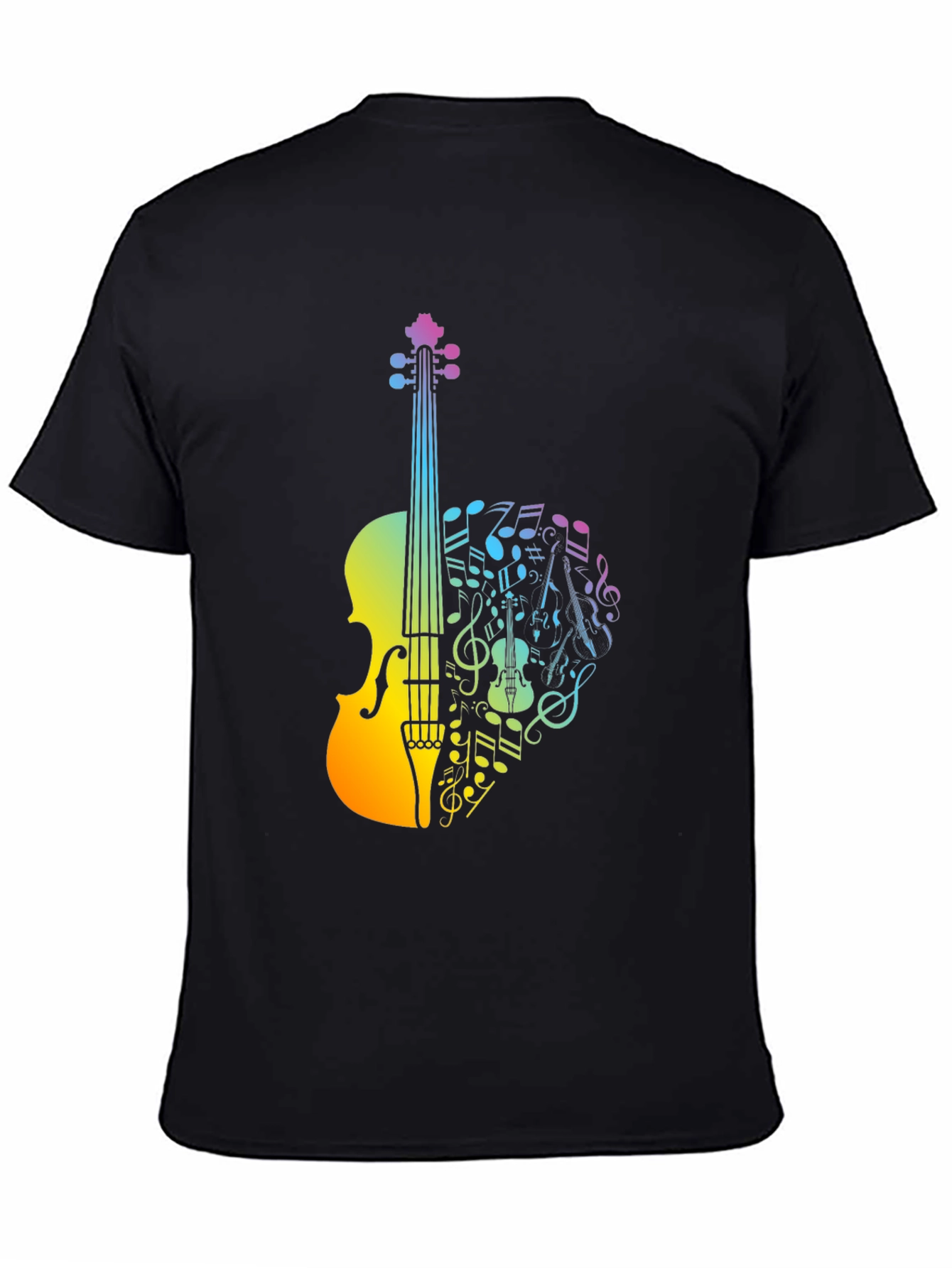 Black Musical Violin T-Shirt - Rainbow Notes Design view 4