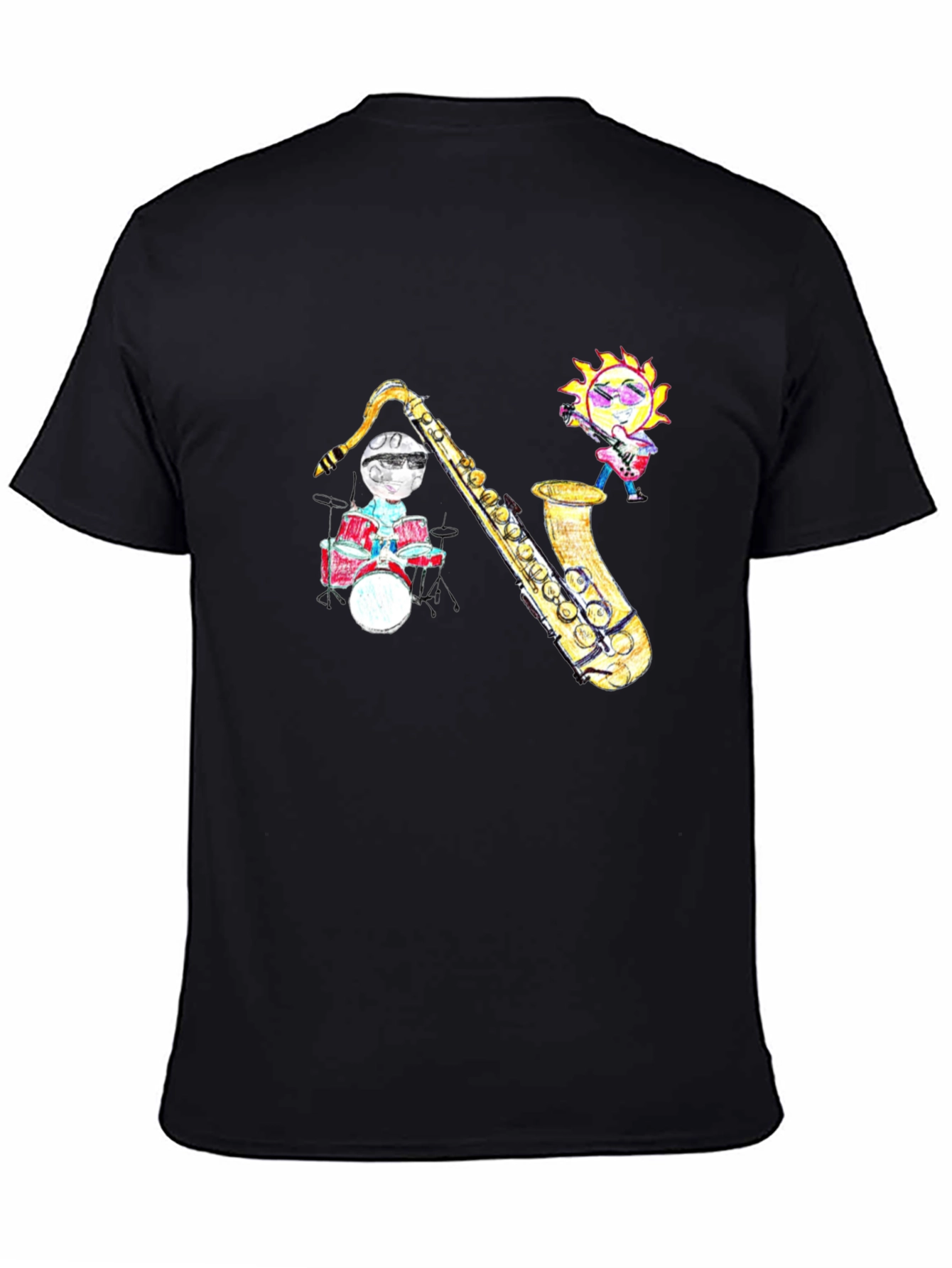 Black Black T-Shirt with Cartoon Jazz Band Graphic view 4