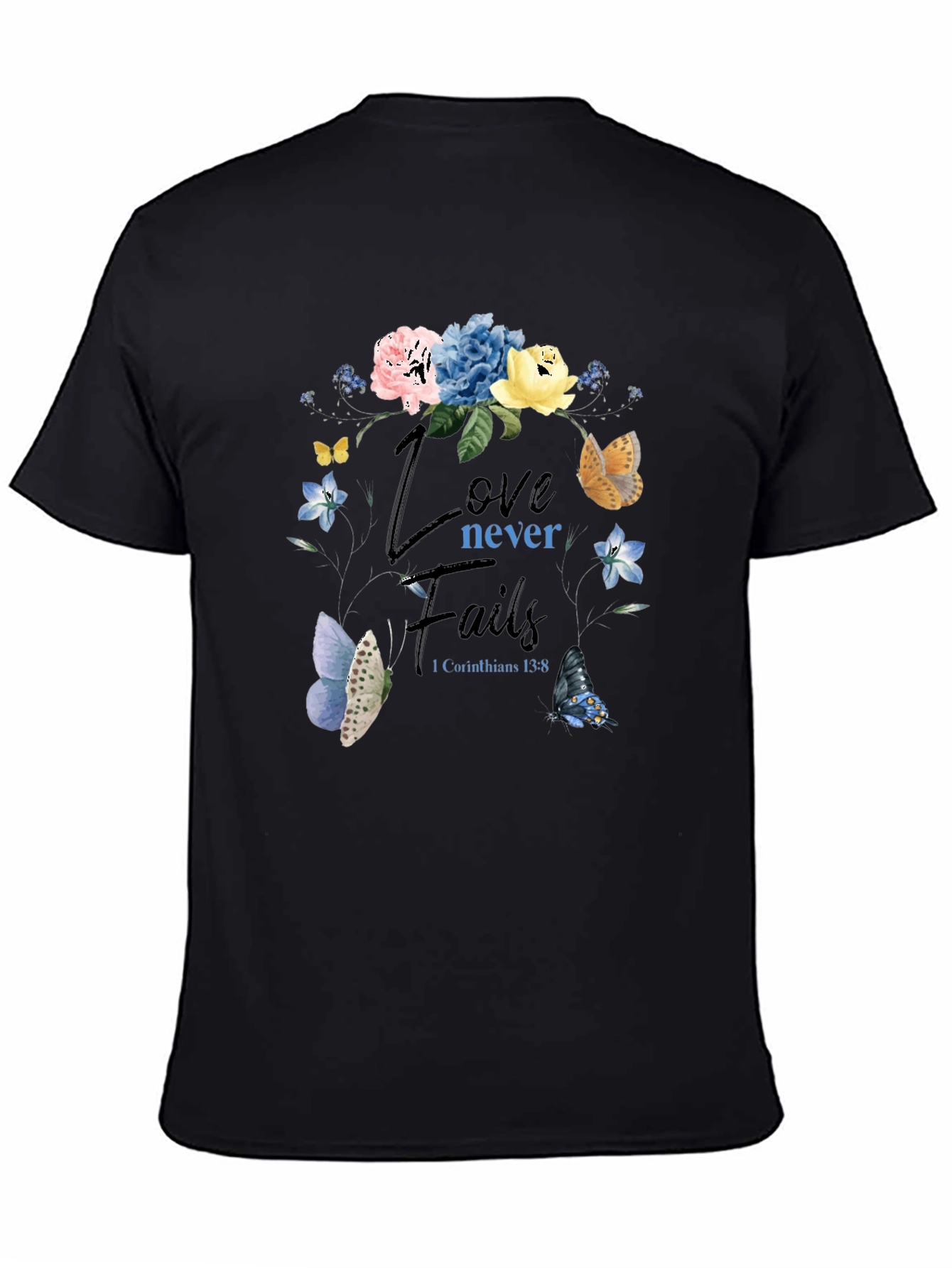 Black Love Never Fails Floral Butterfly T-Shirt view 4