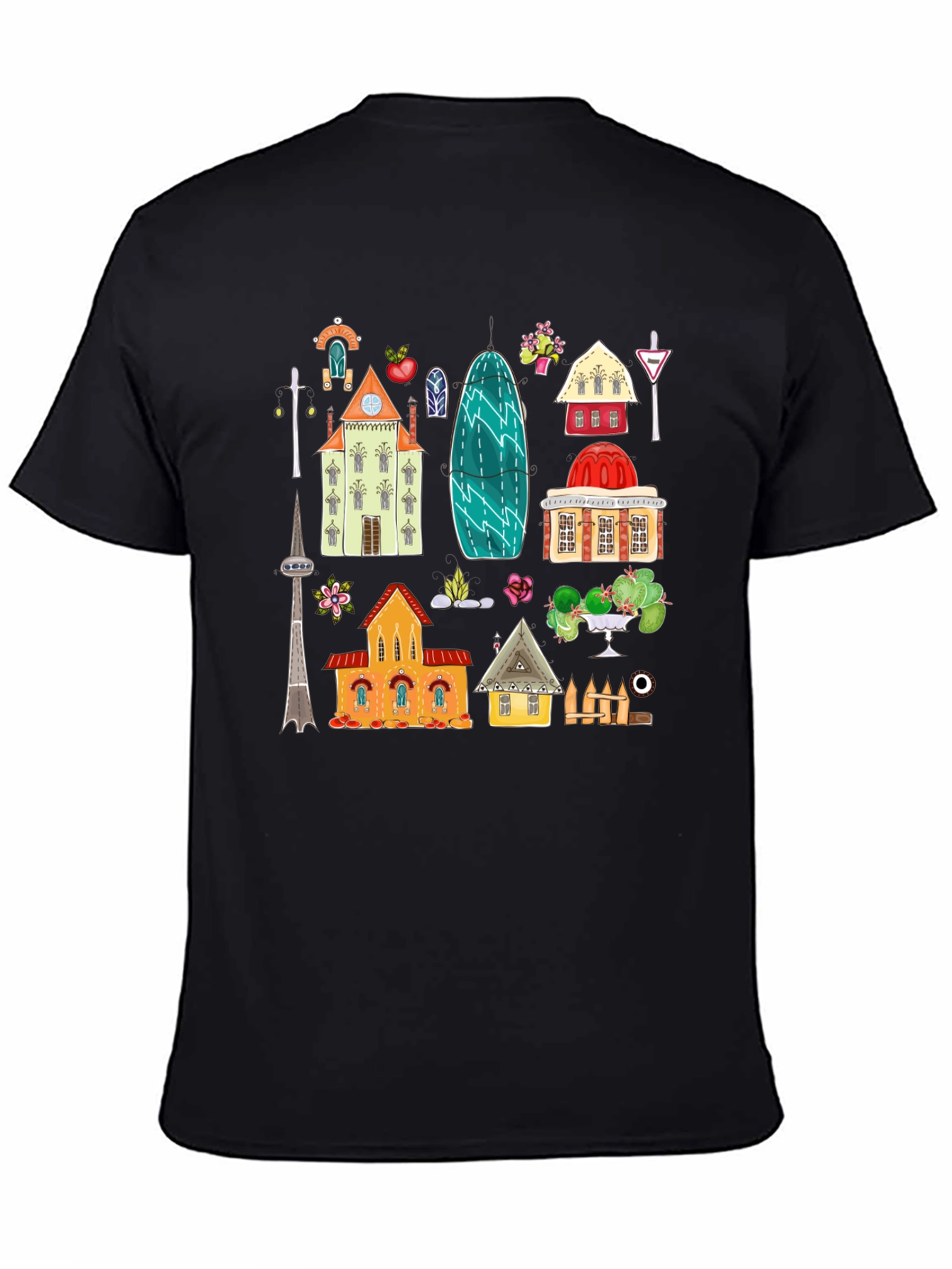 Black Cute Buildings Graphic Black T-Shirt view 4