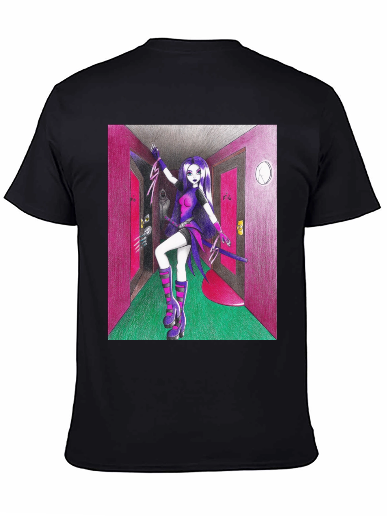 Black Anime Girl in Hallway Graphic Tee view 4