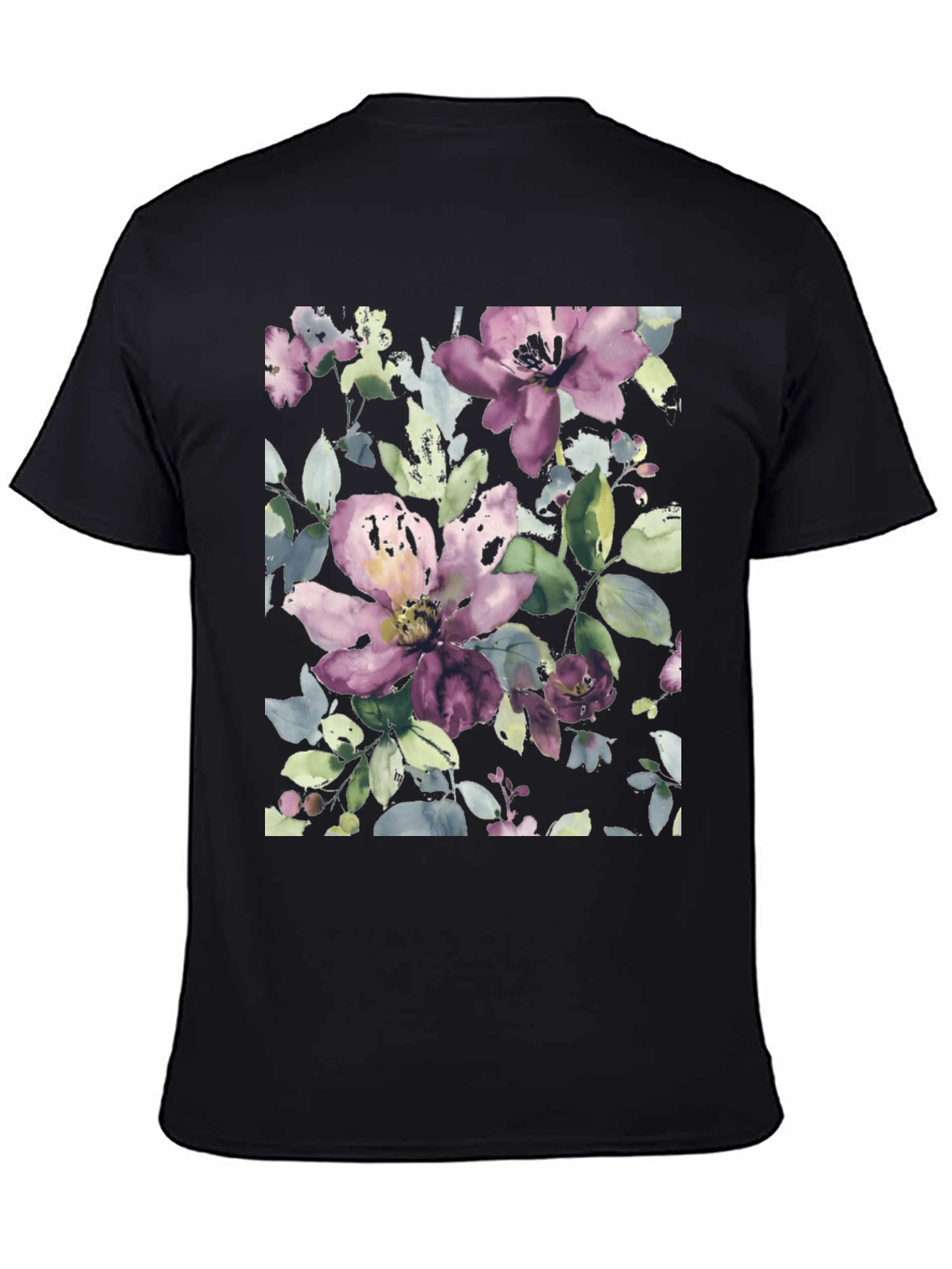 Black Floral Watercolor Print Black T-Shirt view 4