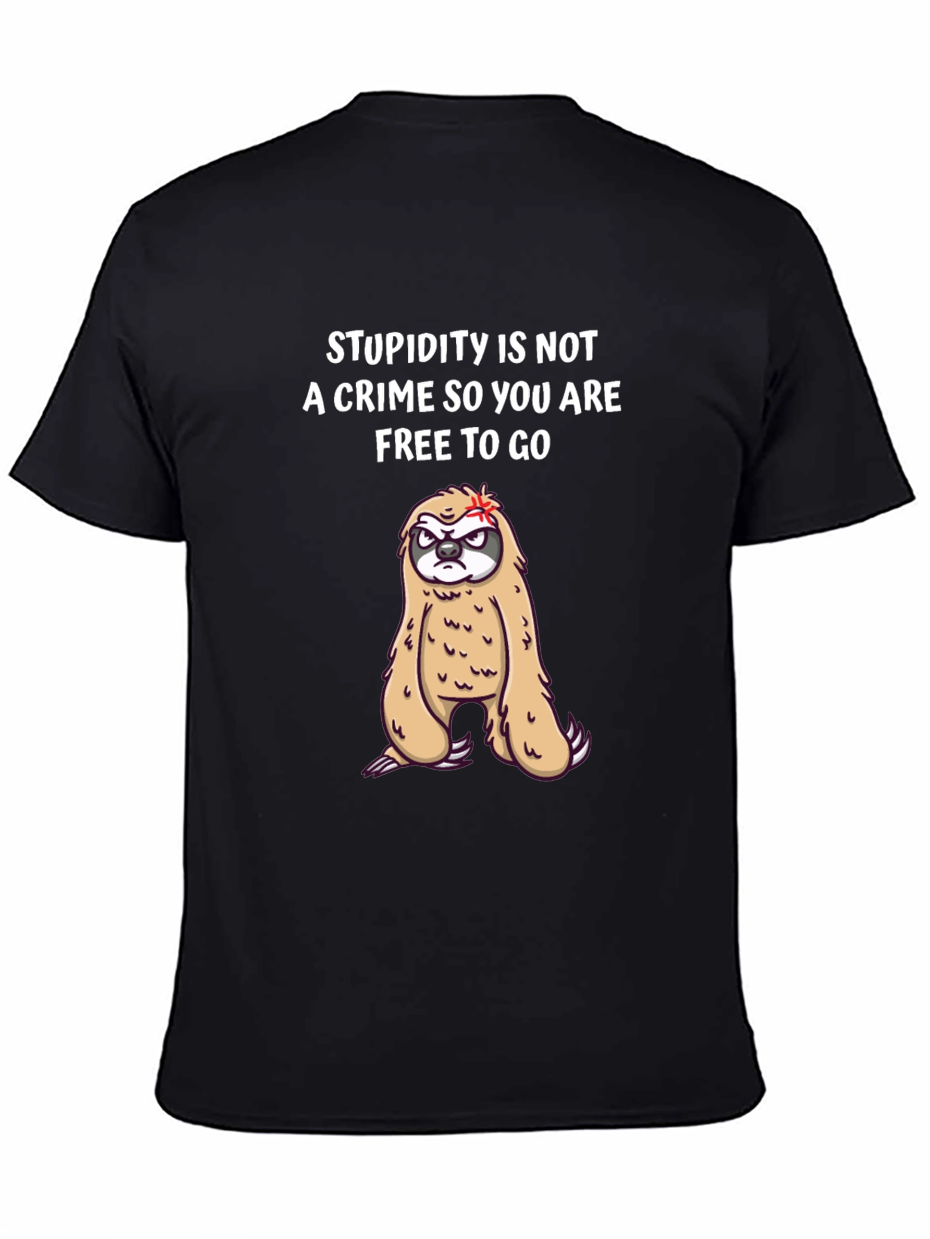 Black Funny Sloth T-Shirt: Stupidity Is Not A Crime Tee view 4