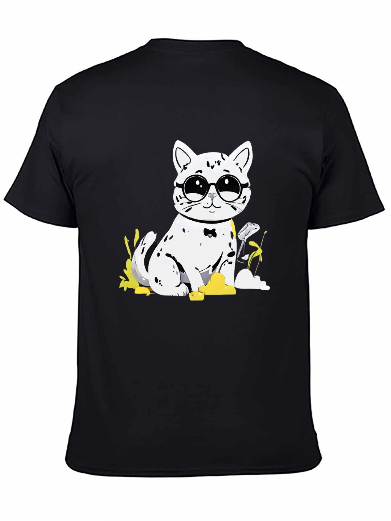 Black Cat with Glasses T-Shirt - Black Cotton Tee view 4