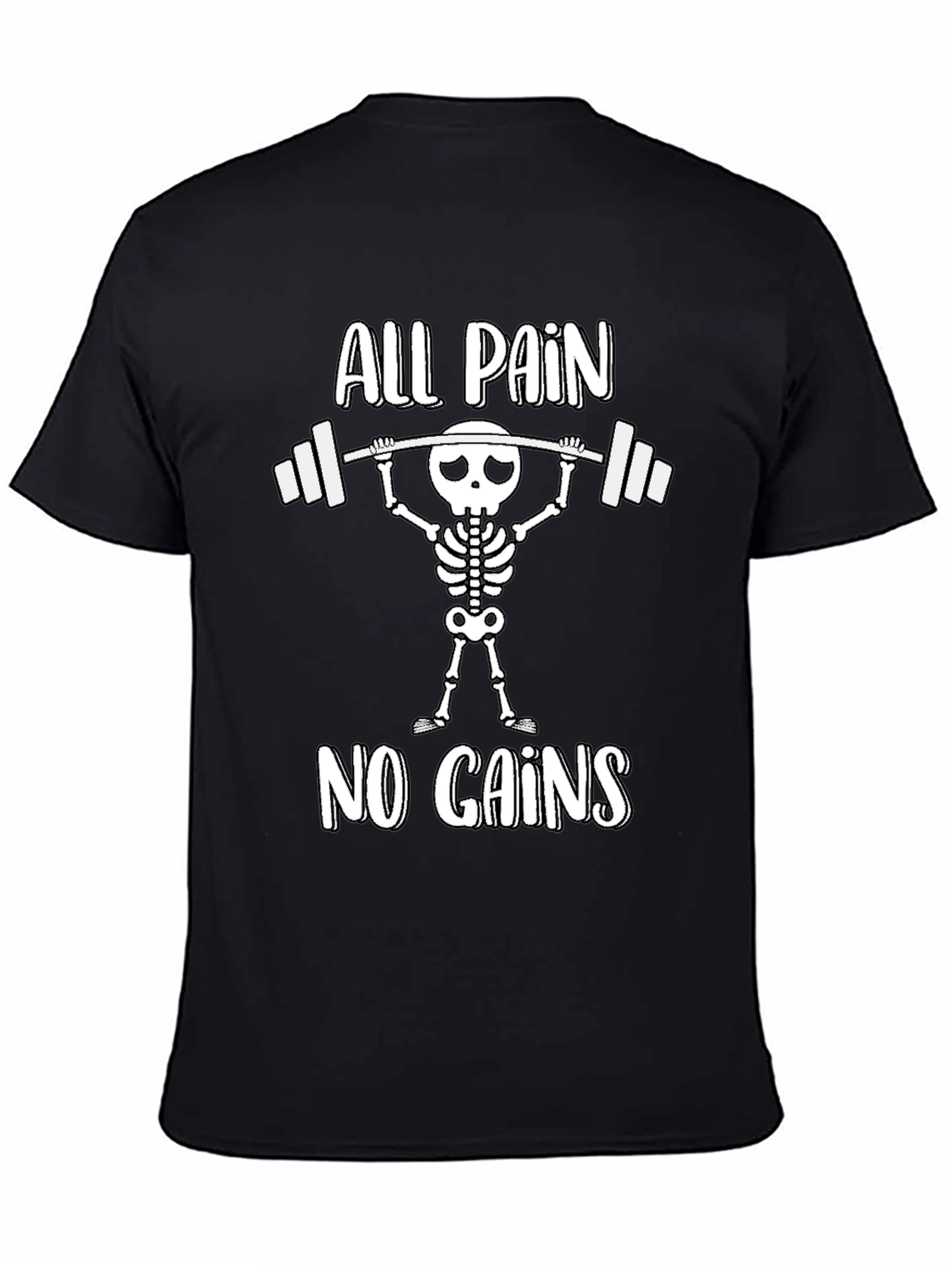 Black All Pain No Gains Skeleton Weightlifting T-Shirt view 4