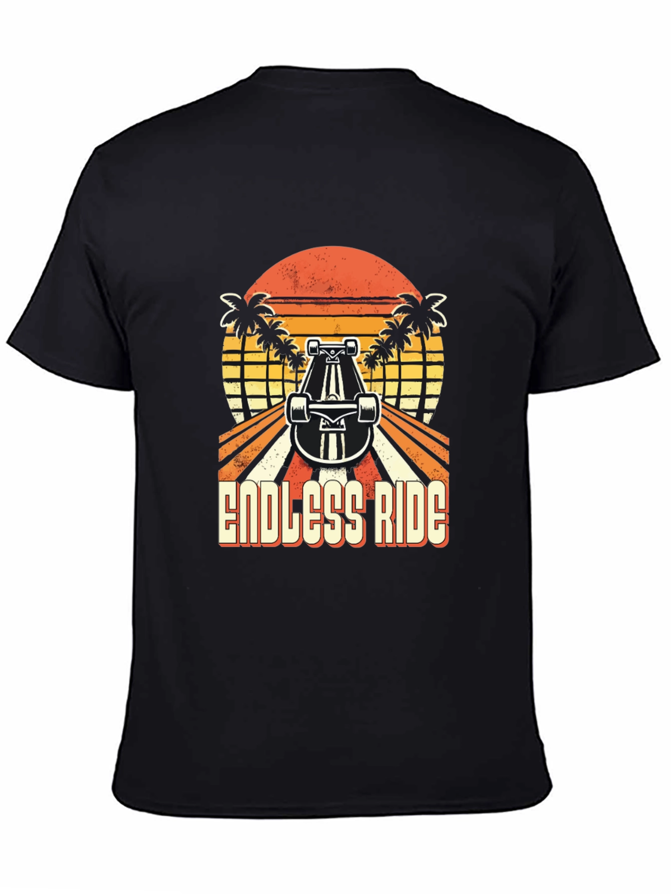 Black Endless Ride Skateboard T-Shirt Retro Sunset Palm Tree view 4