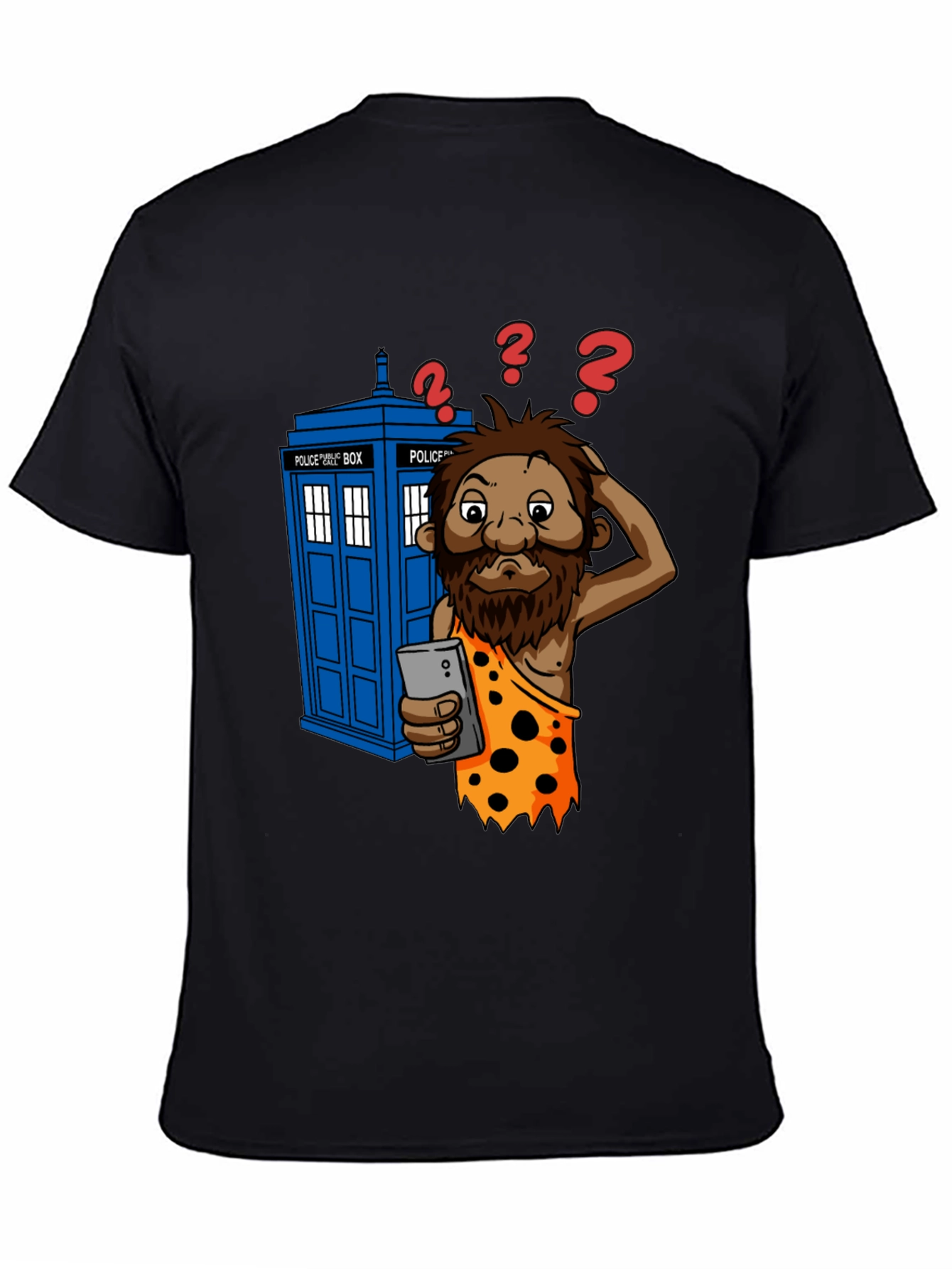 Black Time Traveler T-Shirt - Confused Caveman & Phone view 4