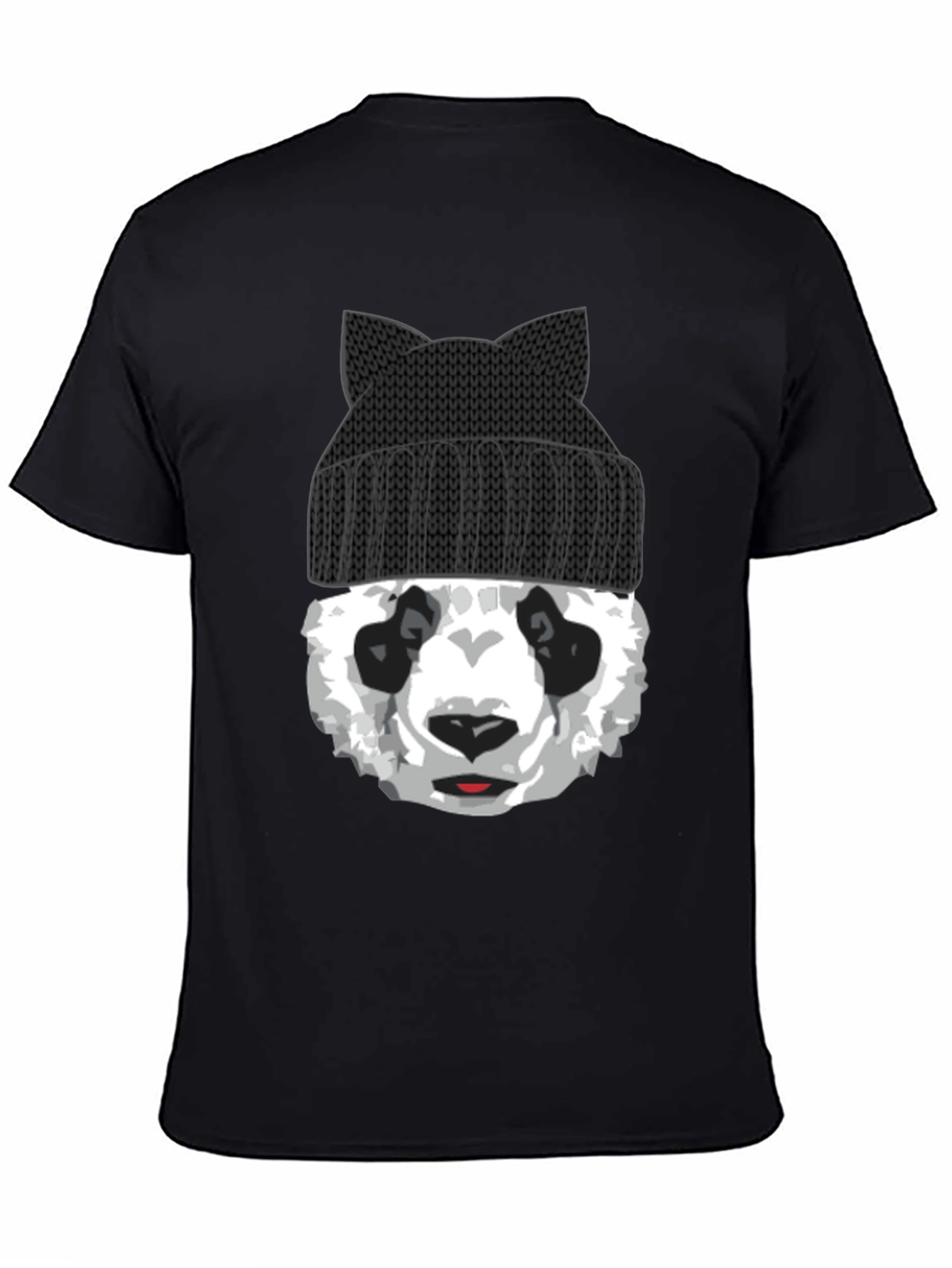 Black Cool Panda Bear with Cat Ear Beanie Graphic Tee view 4