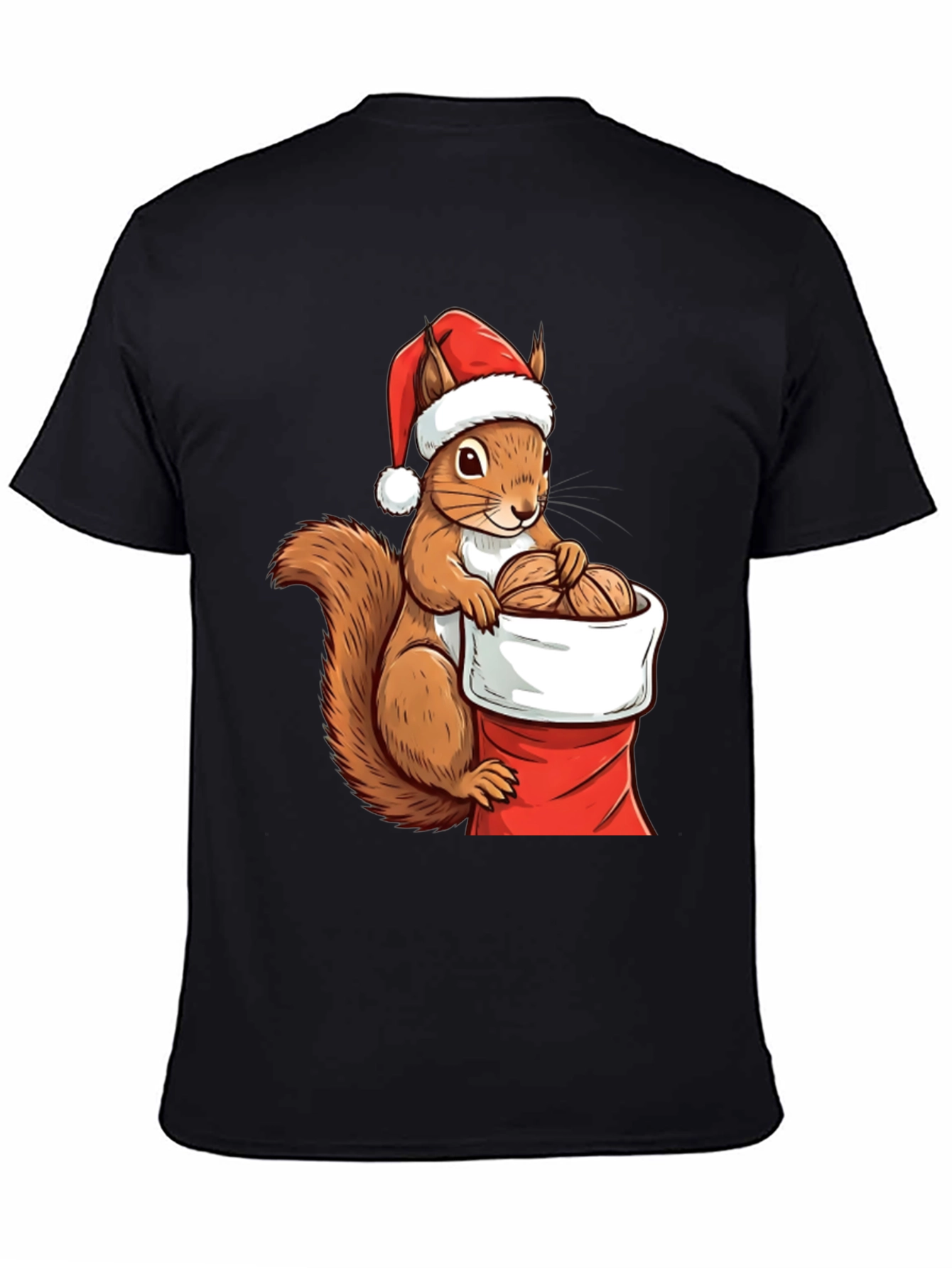 Black Festive Squirrel Santa Hat T-Shirt view 4