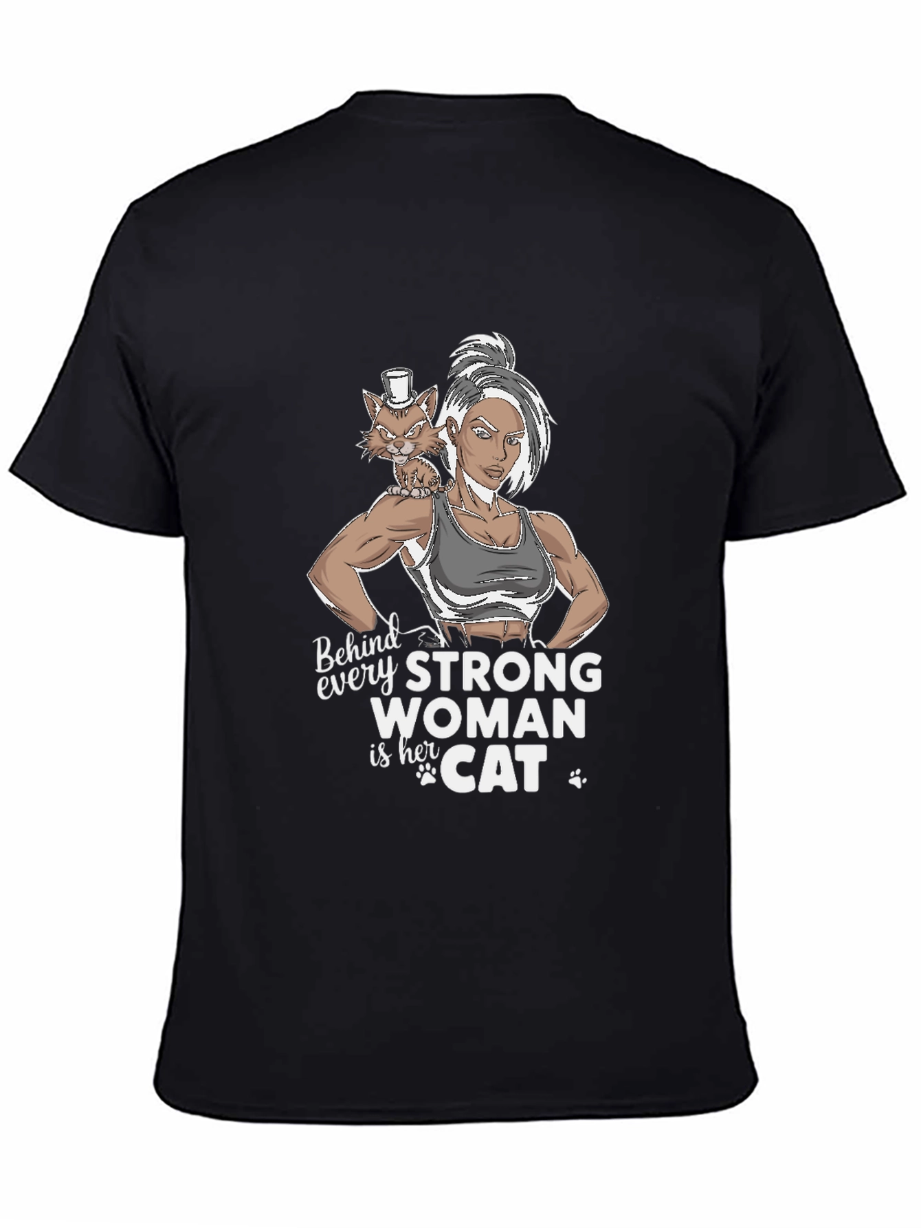 Black Strong Woman & Cat Graphic T-Shirt view 4