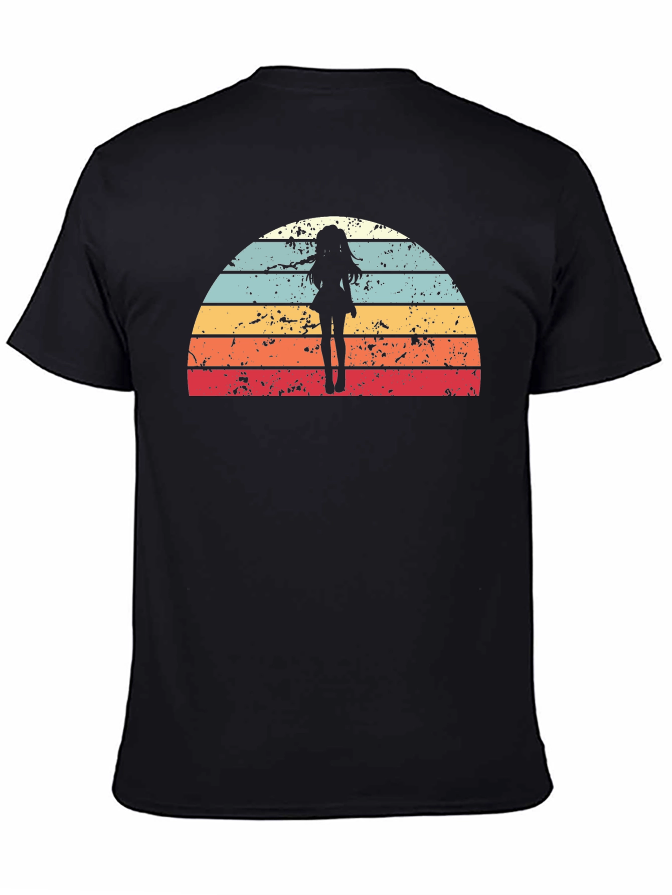 Black Retro Anime Girl Sunset T-Shirt view 4