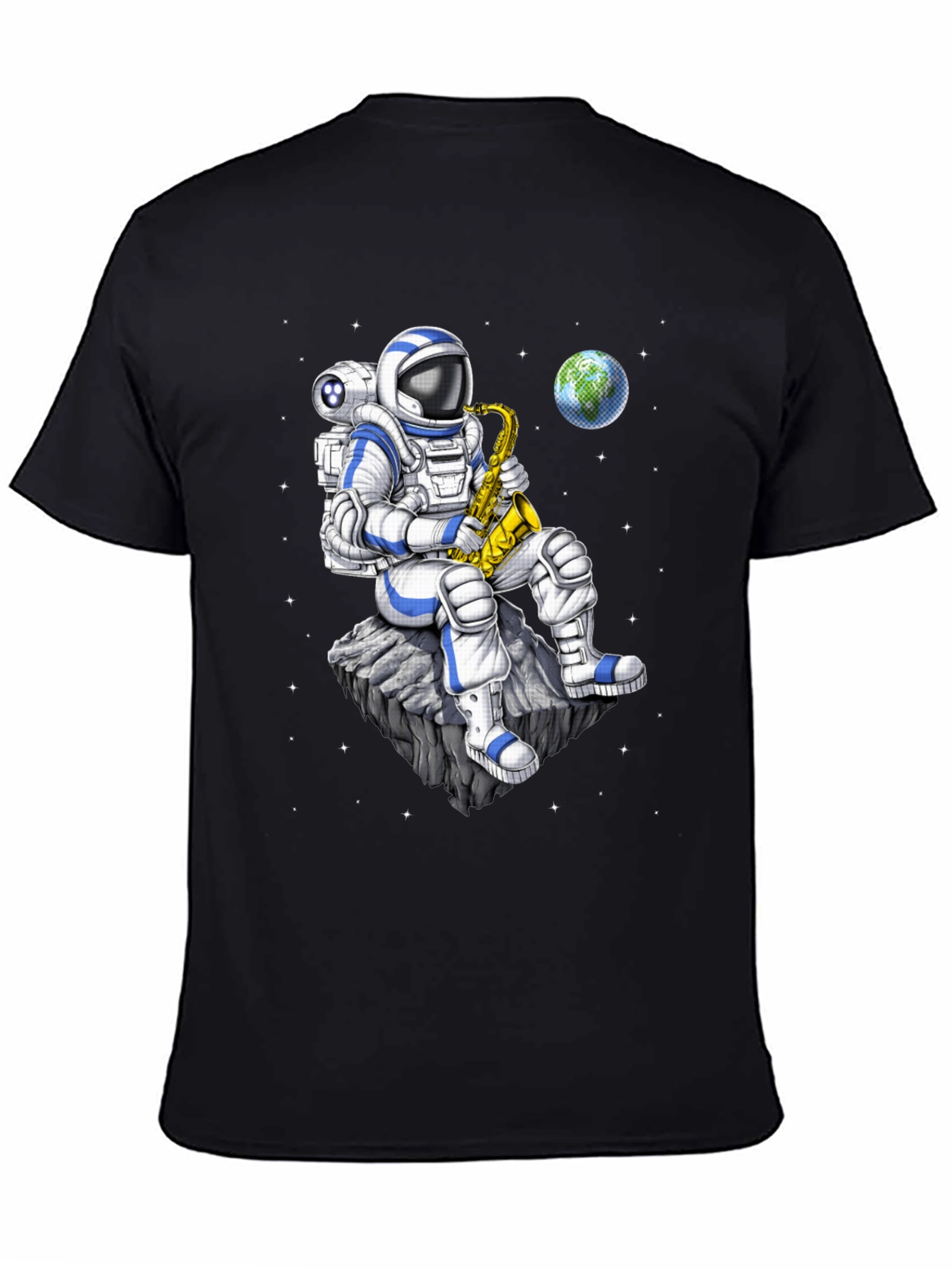 Black Astronaut Saxophone T-Shirt: Space Musician Tee view 4