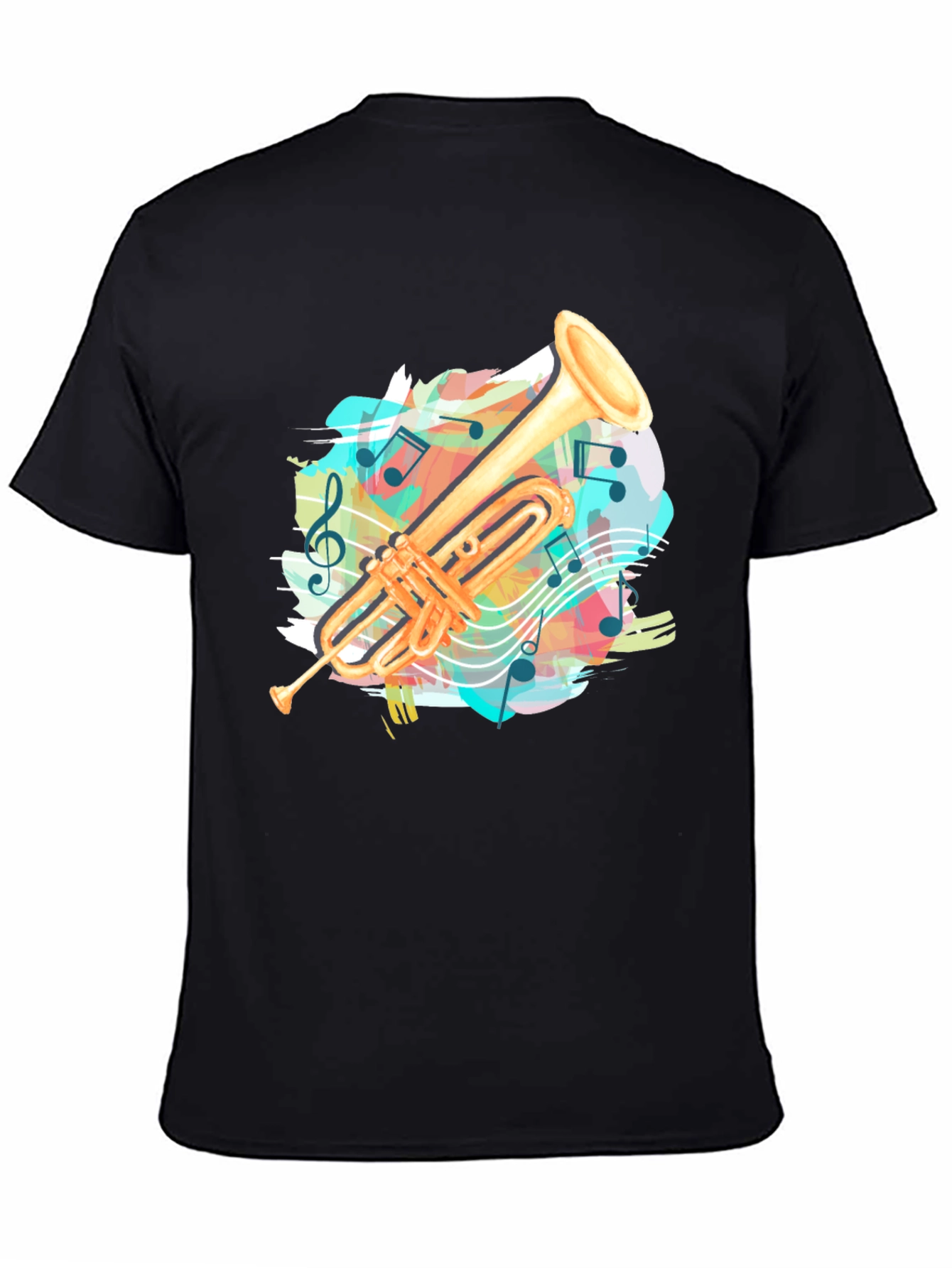 Black Trumpet Music Notes Graphic Tee - Black Casual T-Shirt view 4