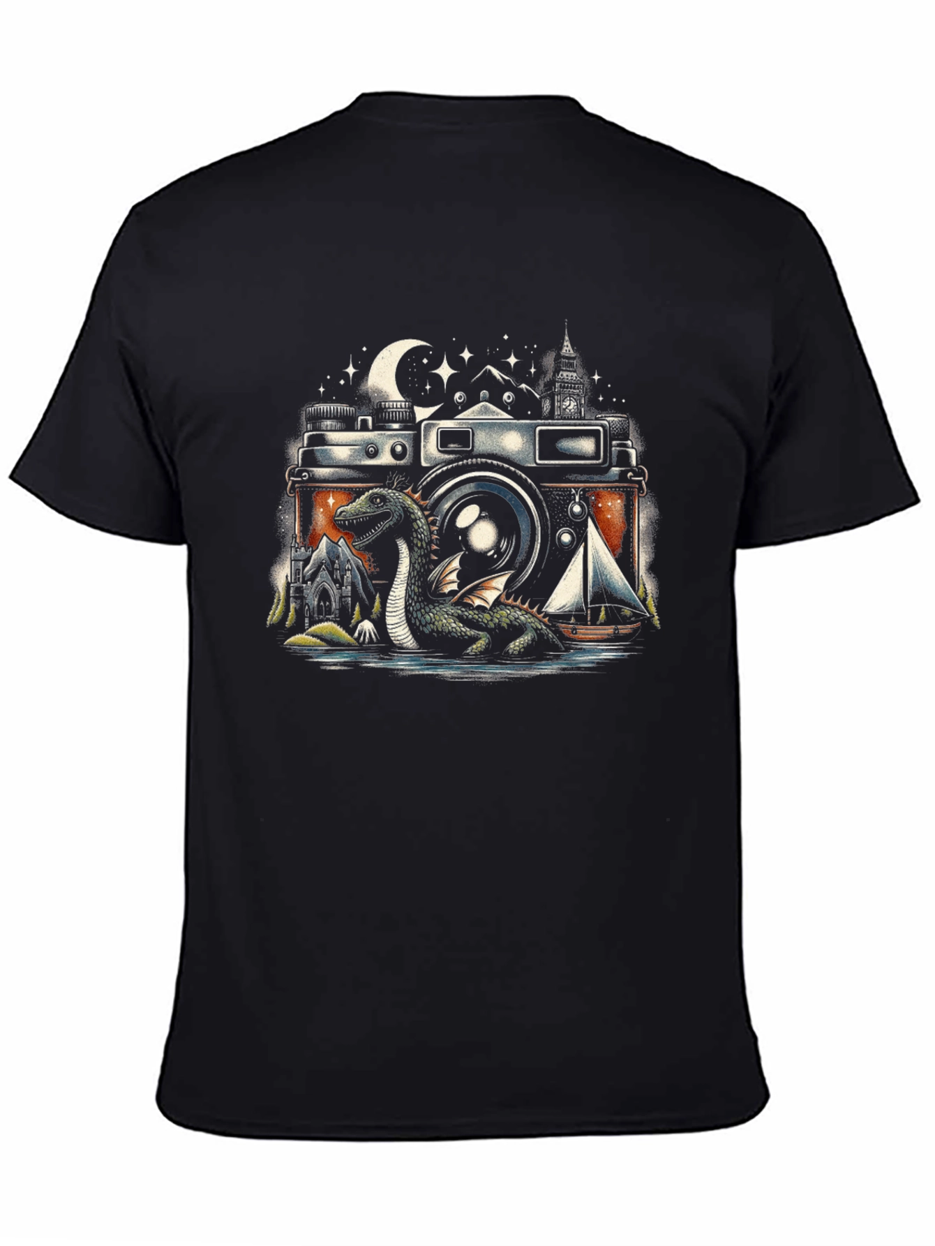 Black Vintage Camera Loch Ness Monster Graphic Tee view 4