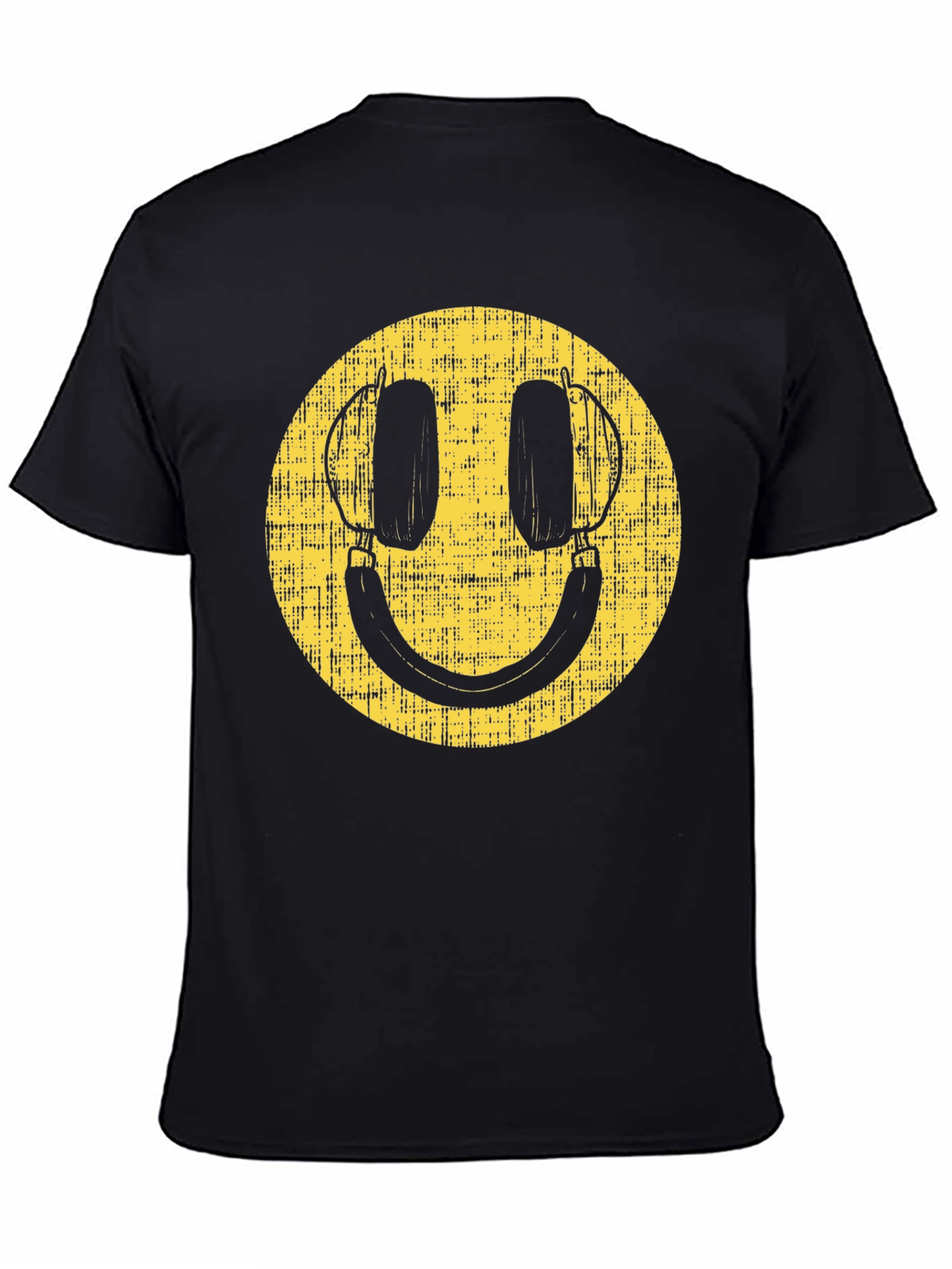 Black Retro Smiley Face Headphones Black T-Shirt view 4