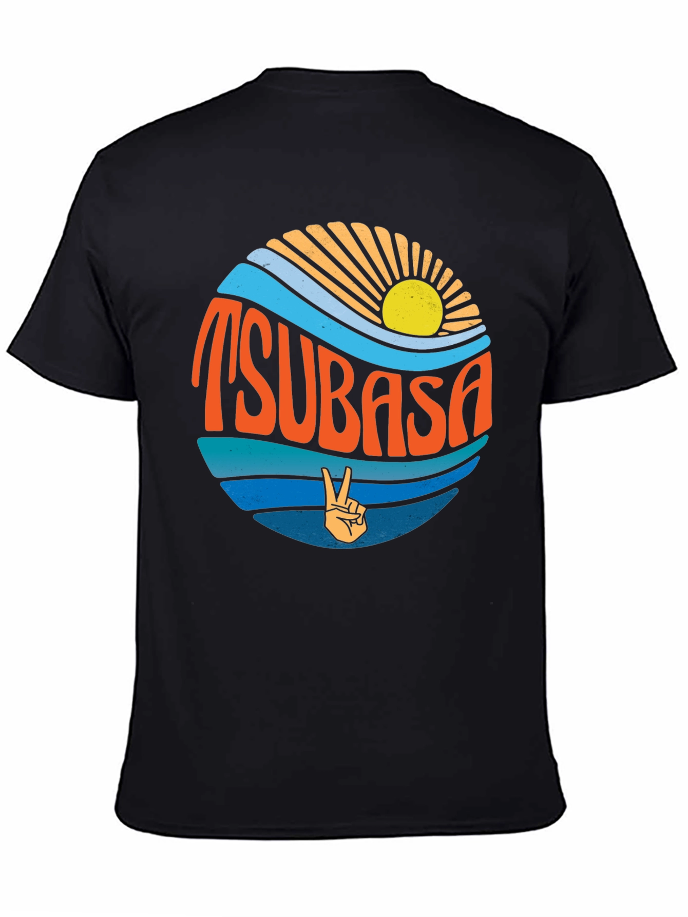 Black Tsubasa Graphic Tee - Retro Sun & Peace Sign T-Shirt view 4