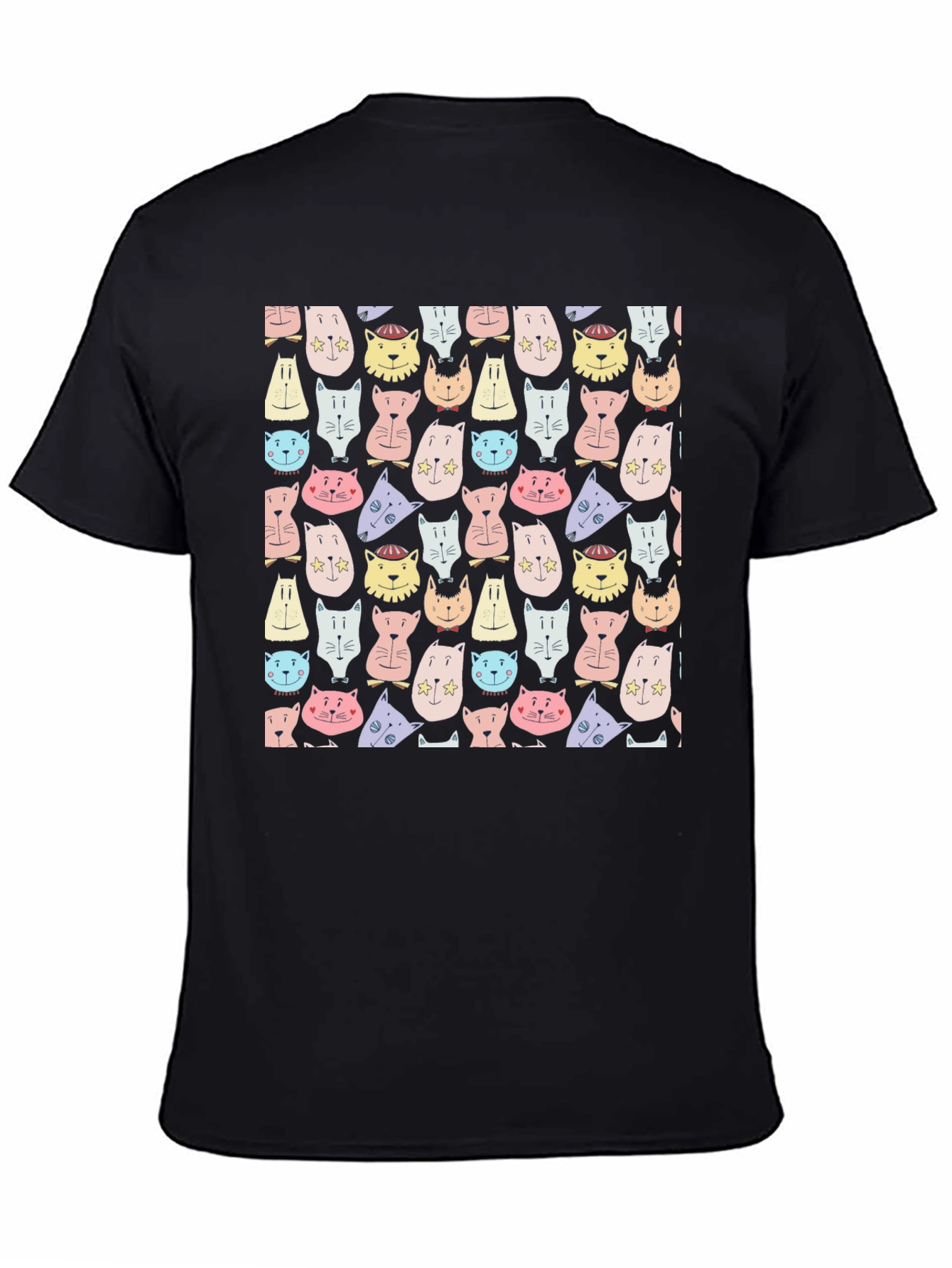 Black Cute Cats Pattern Tee - Unisex Black T-Shirt view 4