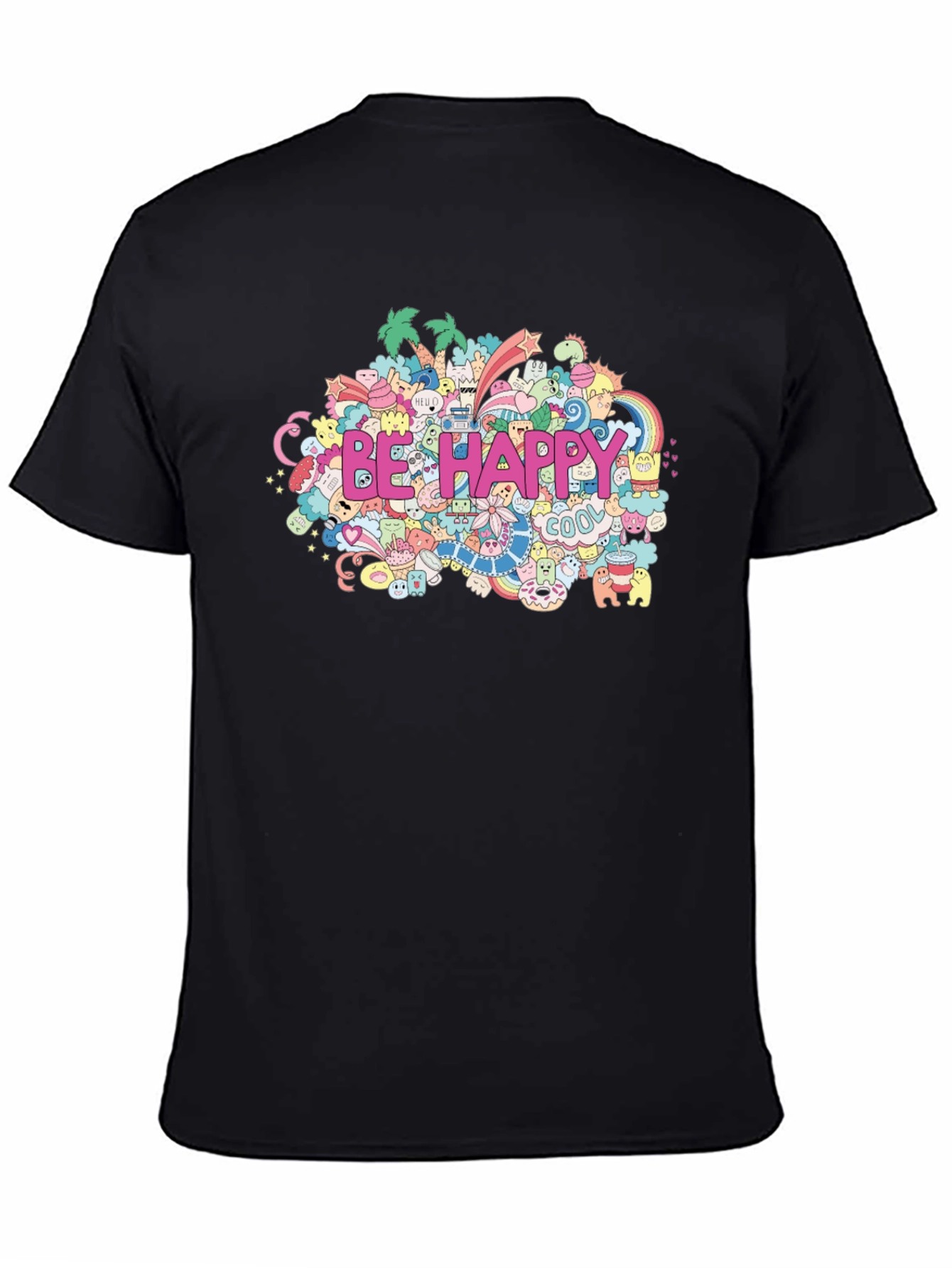 Black Be Happy Doodle Art Black T-Shirt view 4