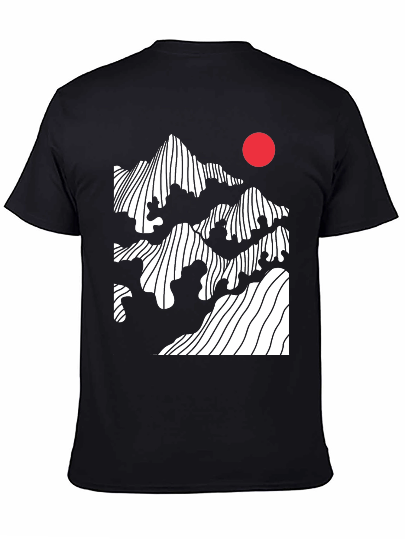 Black Abstract Mountain & Sun Graphic Tee - Modern Black T-Shirt view 4