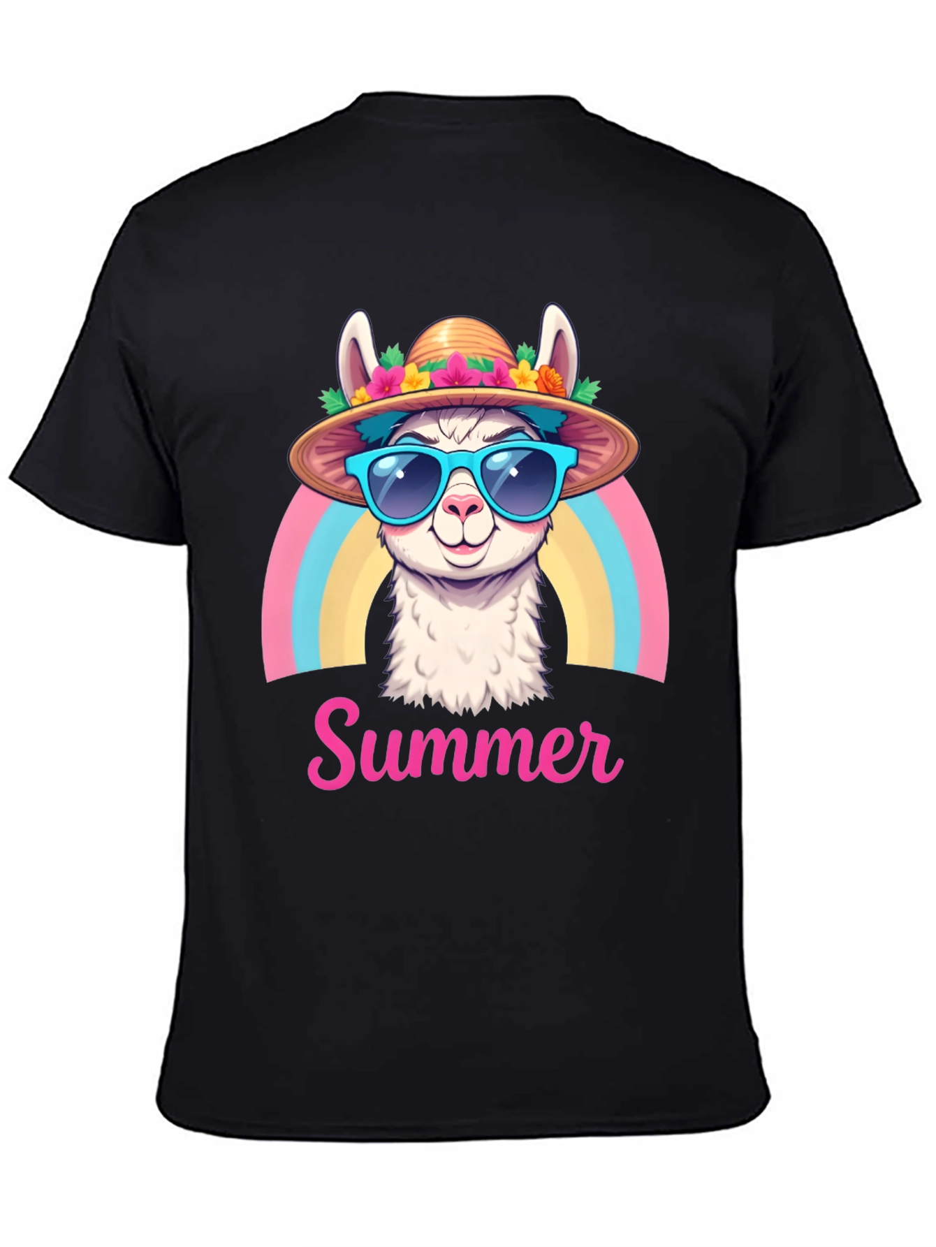 Black Summer Llama T-Shirt Rainbow Hat Sunglasses view 4