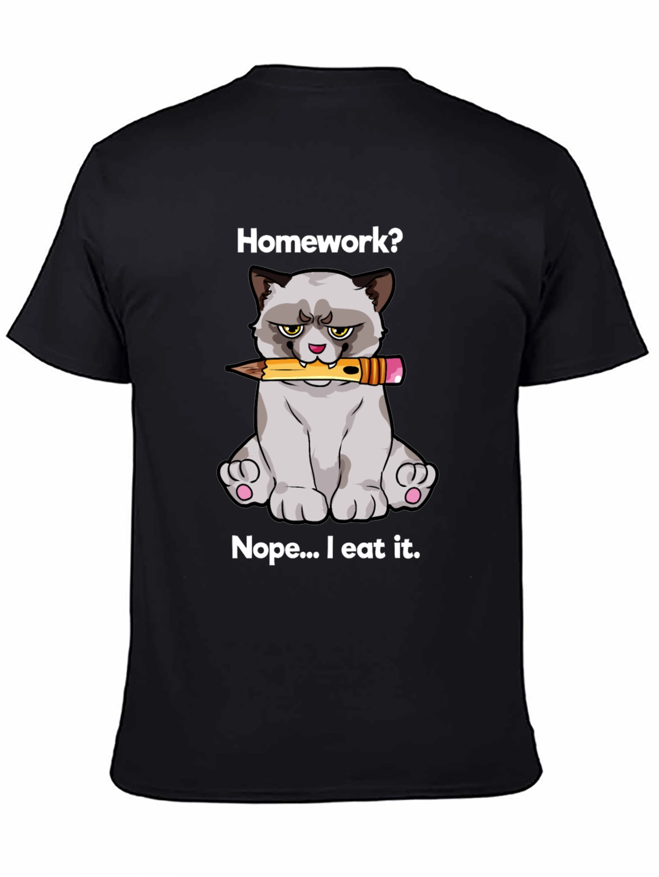 Black Homework Eating Cat T-Shirt view 4
