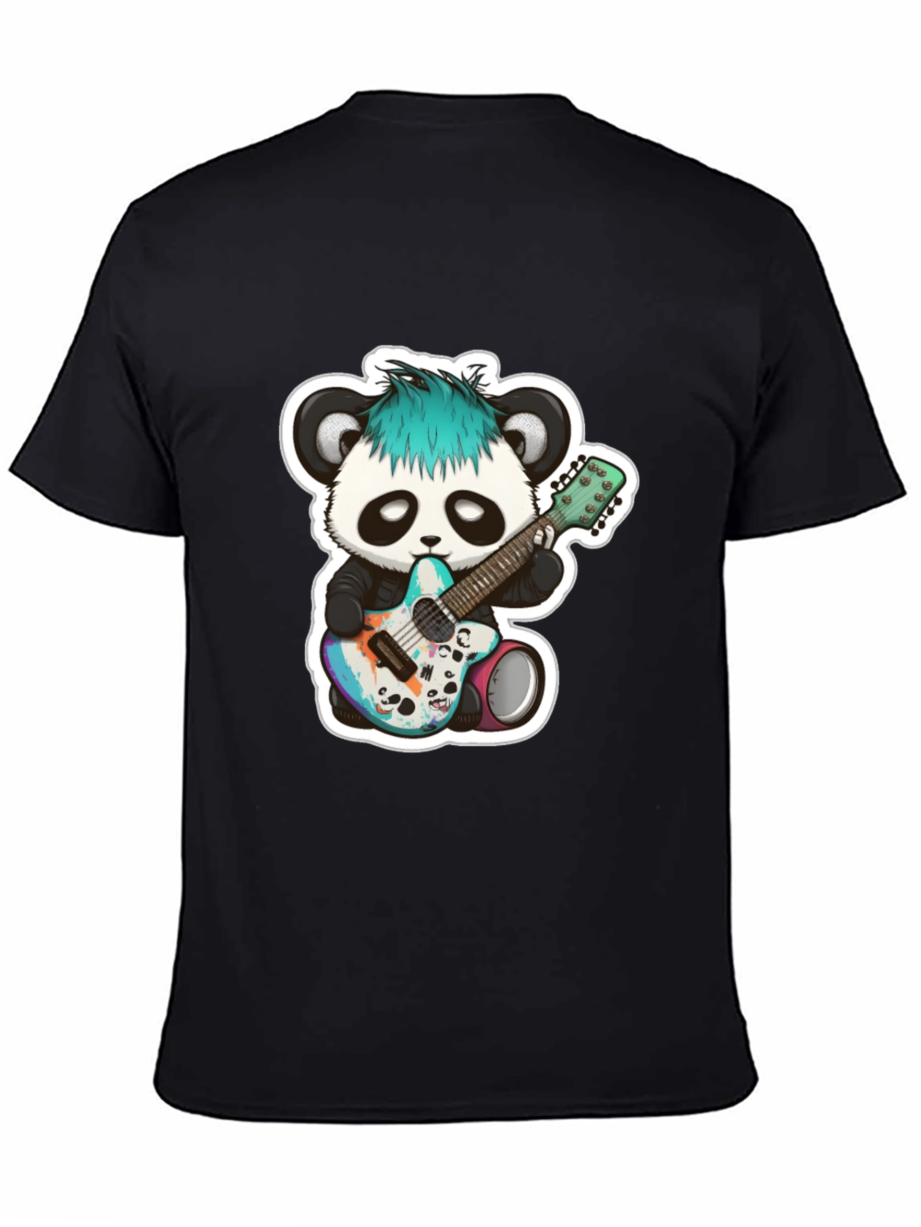 Black Cool Panda Guitarist Black T-Shirt view 4