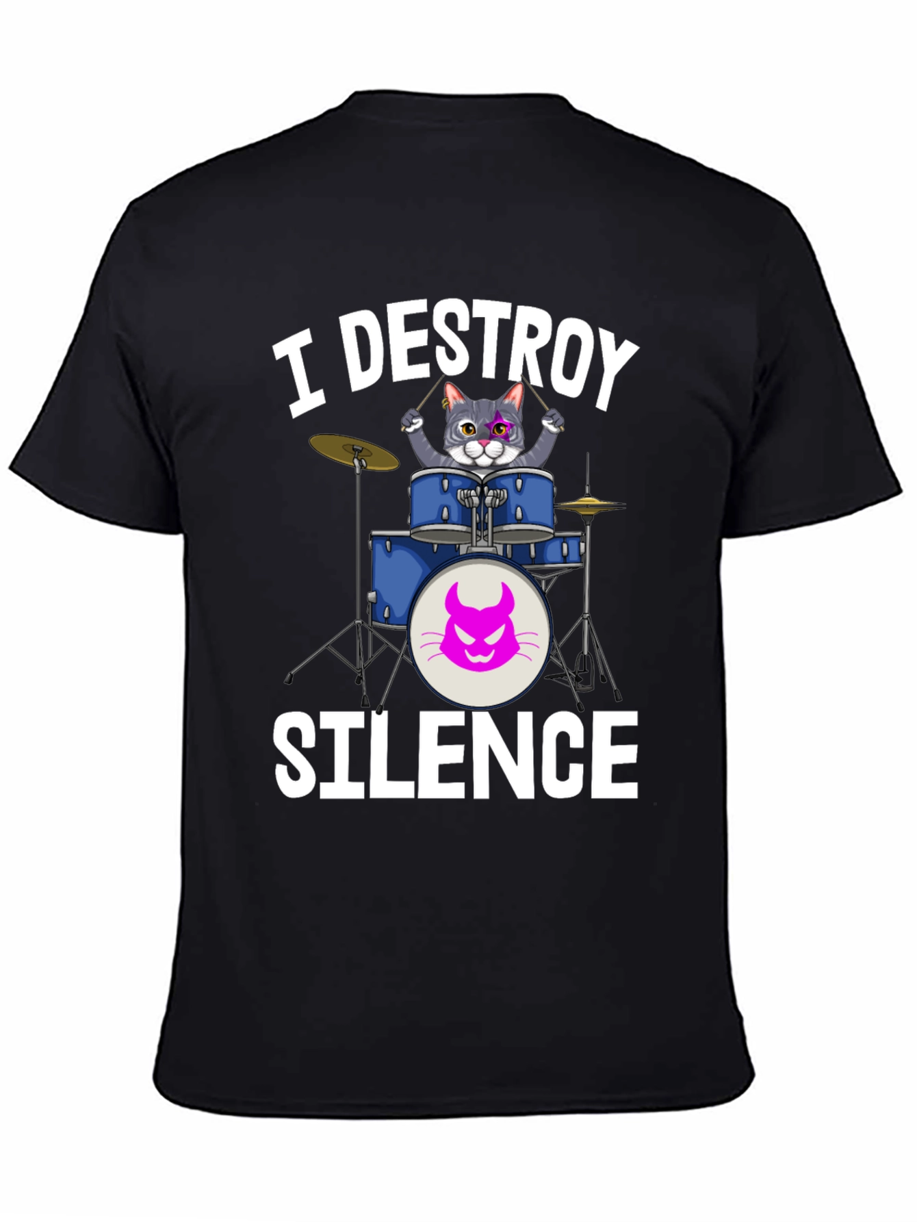 Black I Destroy Silence Cat Drummer T-Shirt view 4