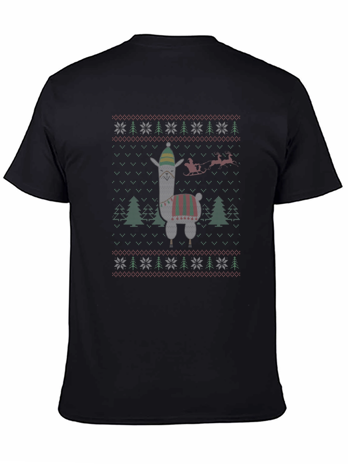 Black Llama Ugly Christmas Sweater Style T-Shirt view 4