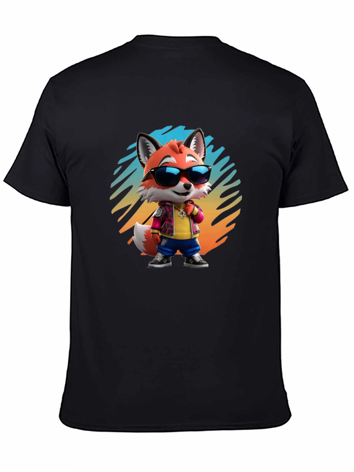 Black Cool Cartoon Fox T-Shirt - Black Cotton Tee view 4