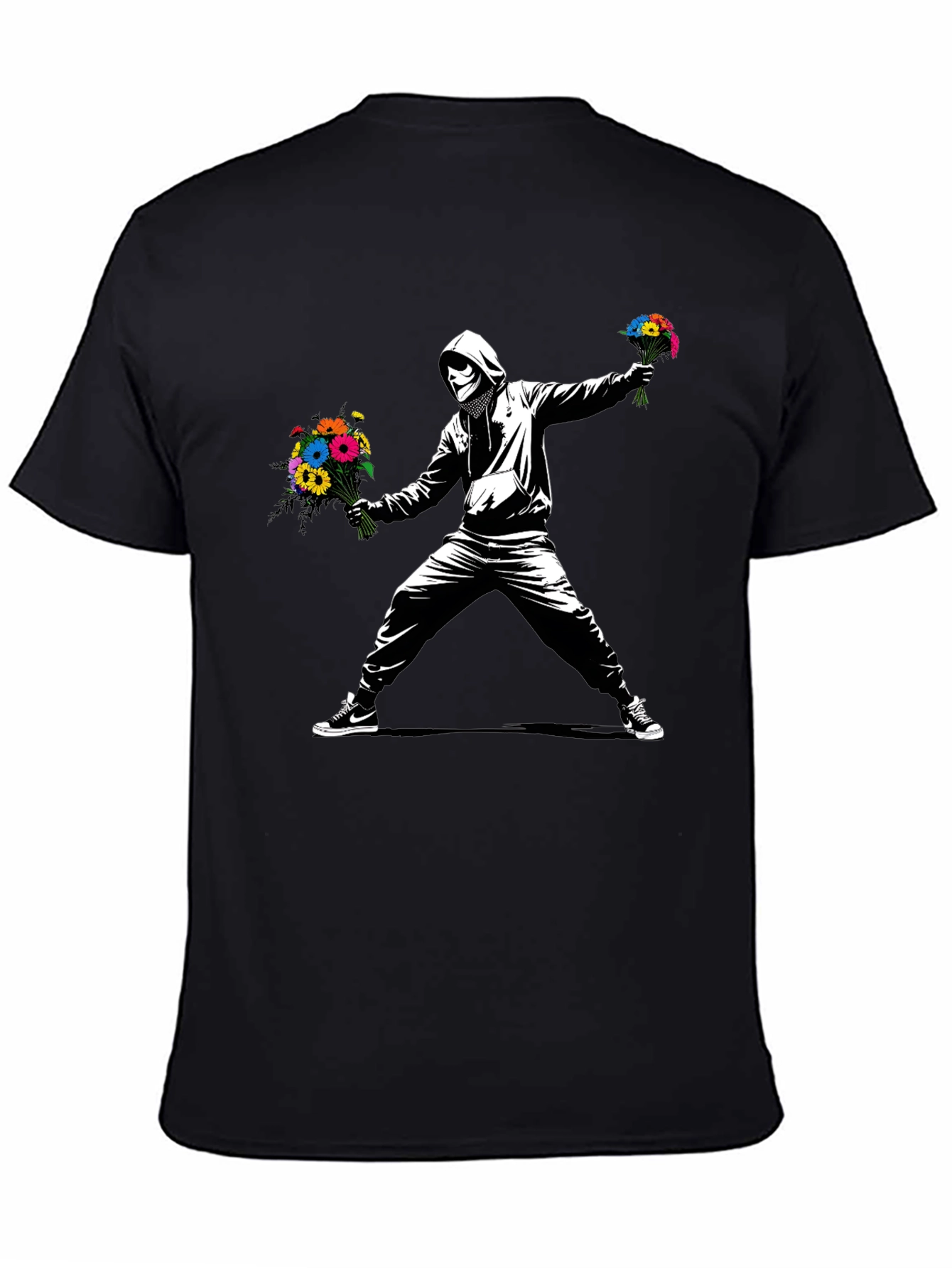 Black Banksy Flower Bomber T-Shirt - Street Art Graphic Tee view 4
