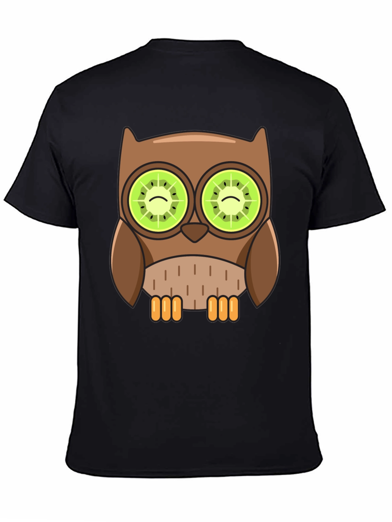 Black Whimsical Owl T-Shirt with Kiwi Eyes Design view 4