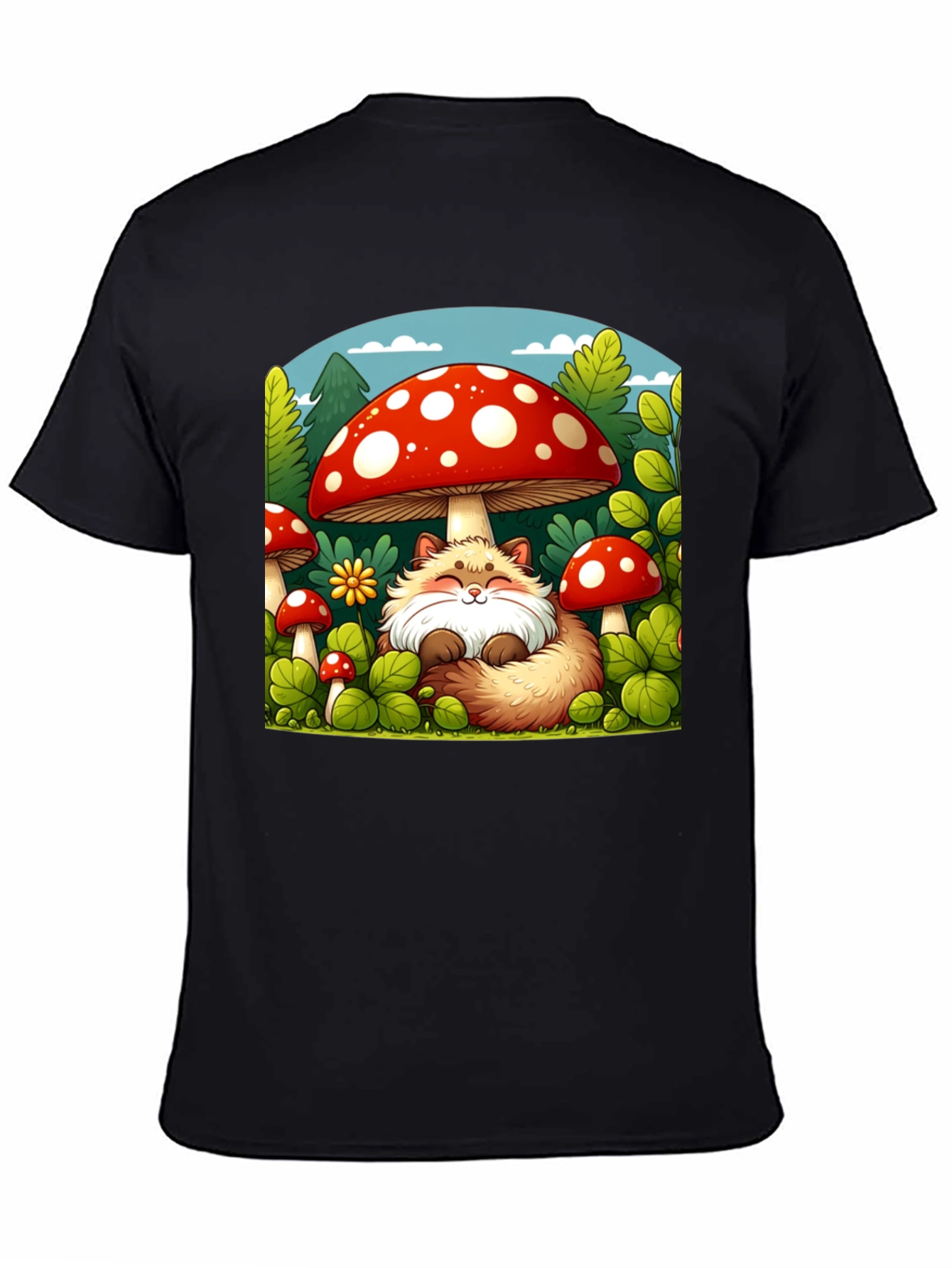 Black Whimsical Fox & Mushroom Graphic T-Shirt view 4