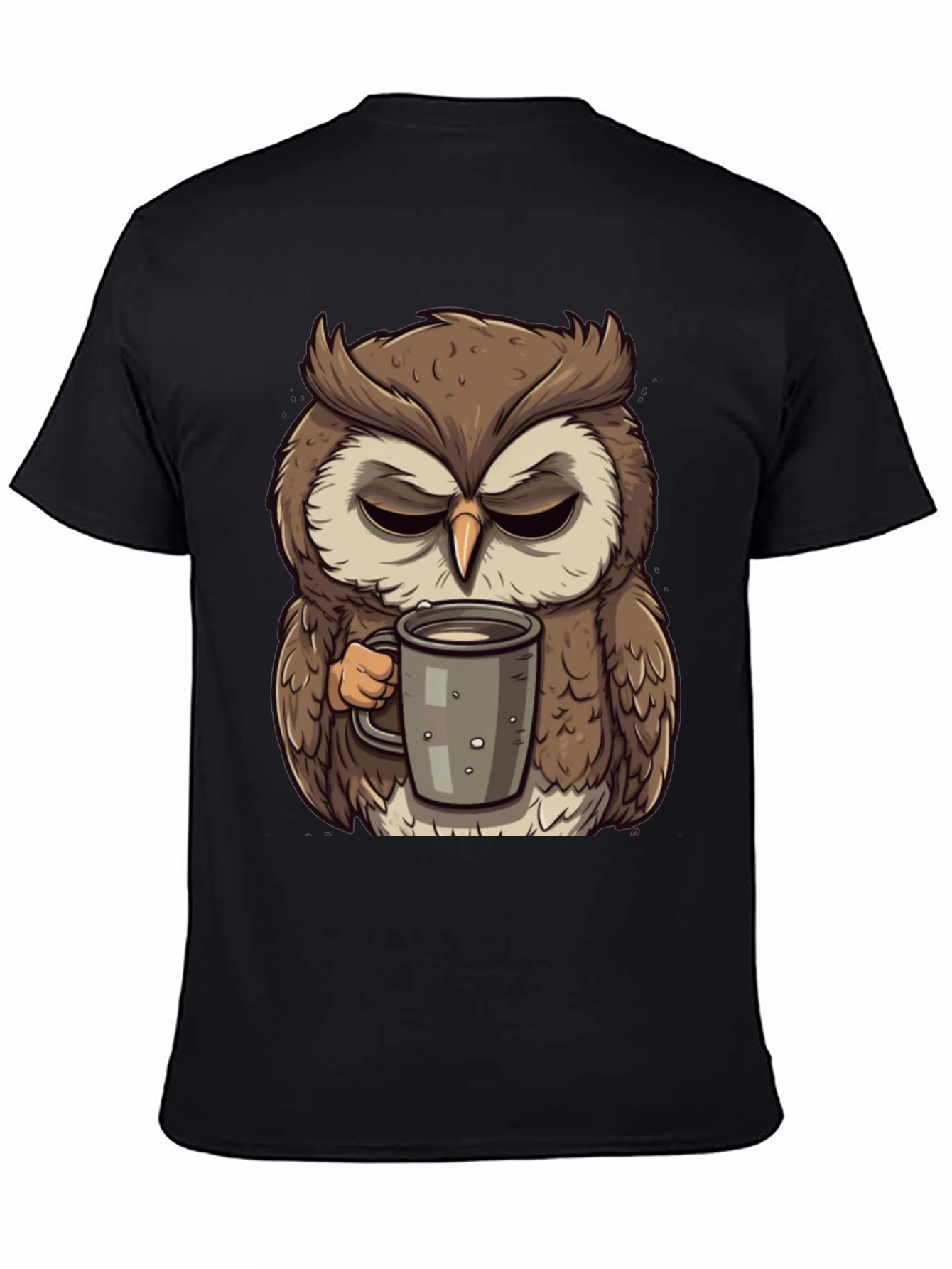 Black Grumpy Owl Coffee T-Shirt - Cute Cartoon Tee view 4
