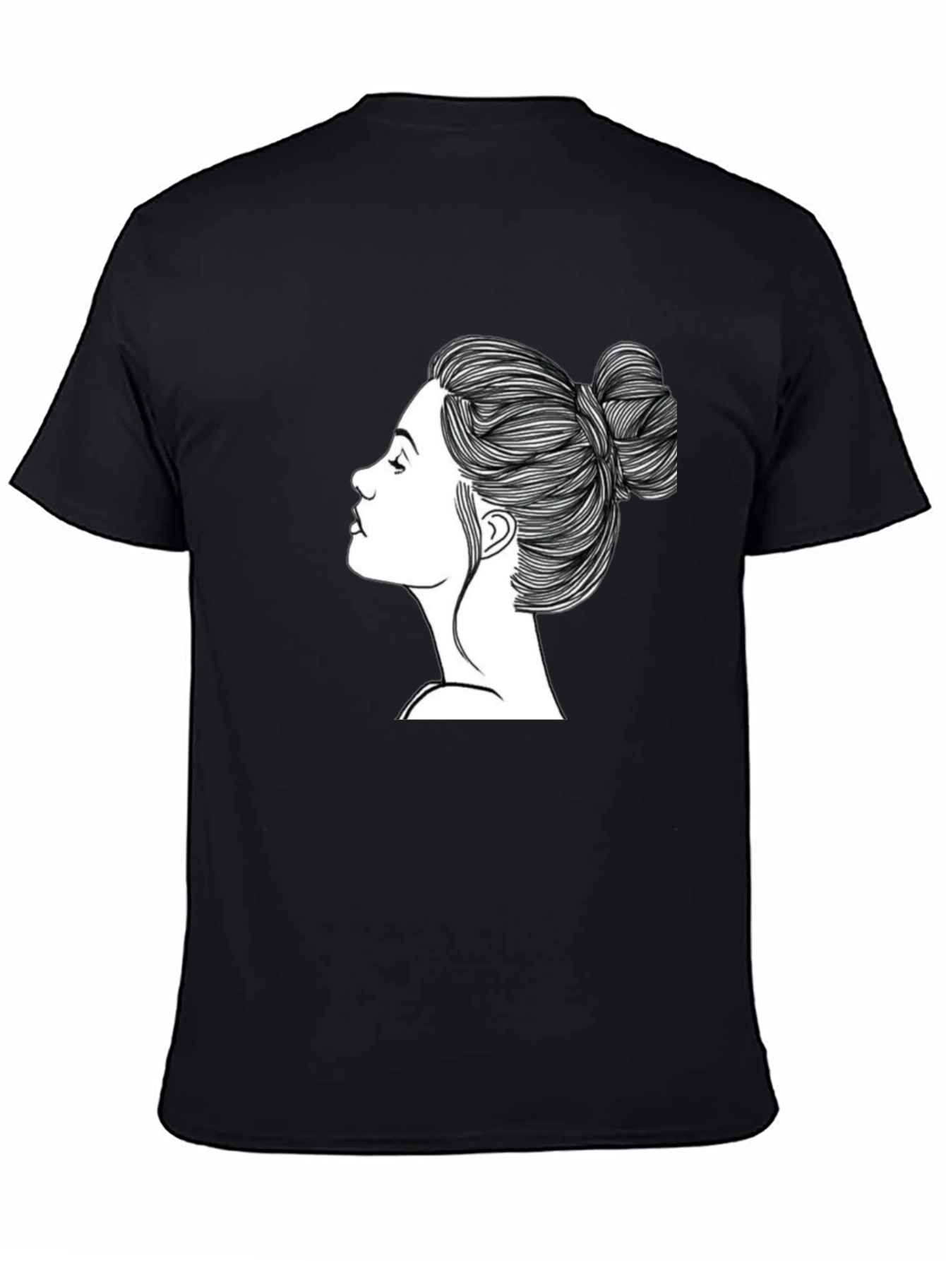 Black Black T-Shirt with Woman's Hair Bun Design view 4