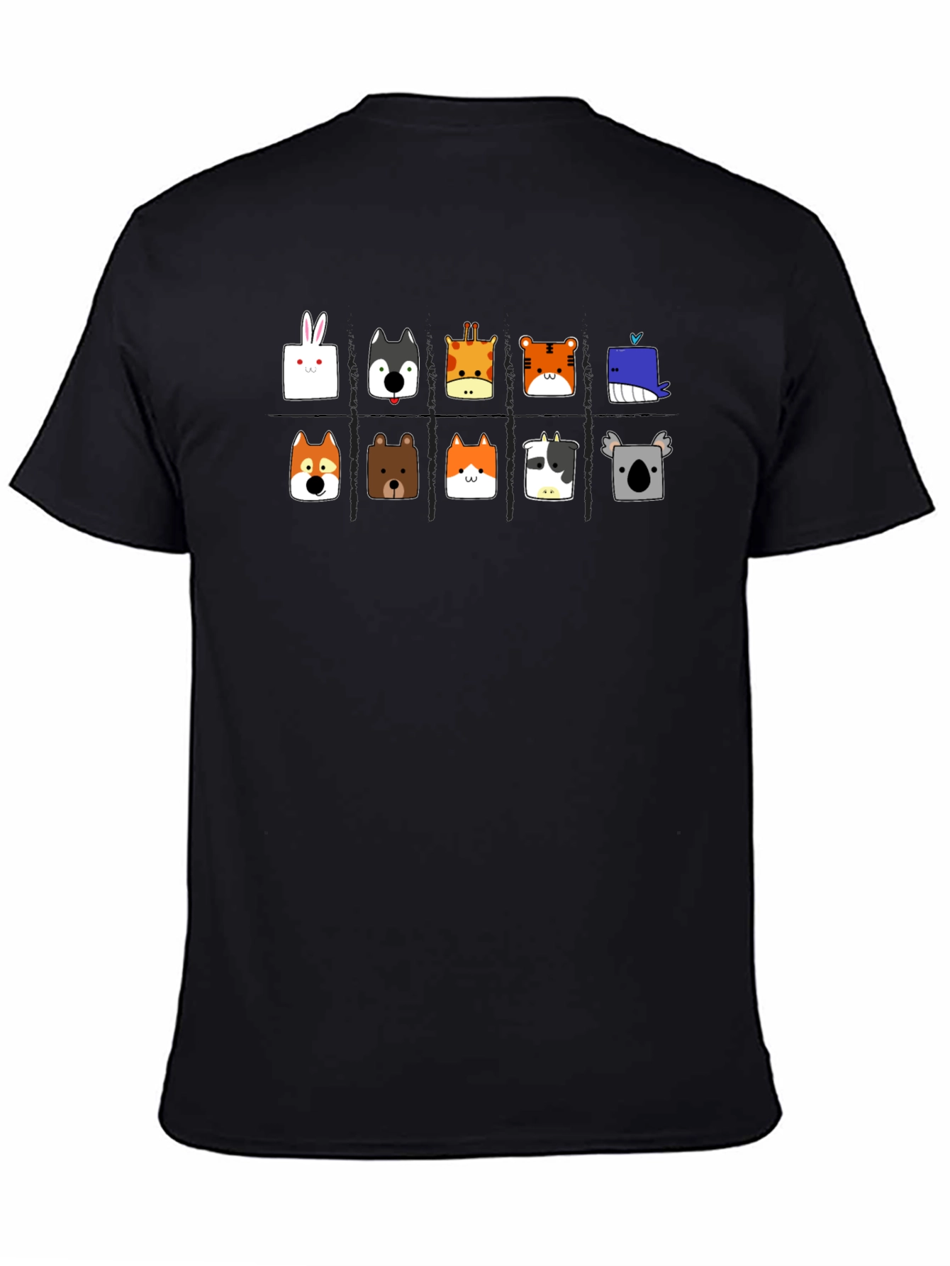 Black Cute Animal Faces Black T-Shirt view 4