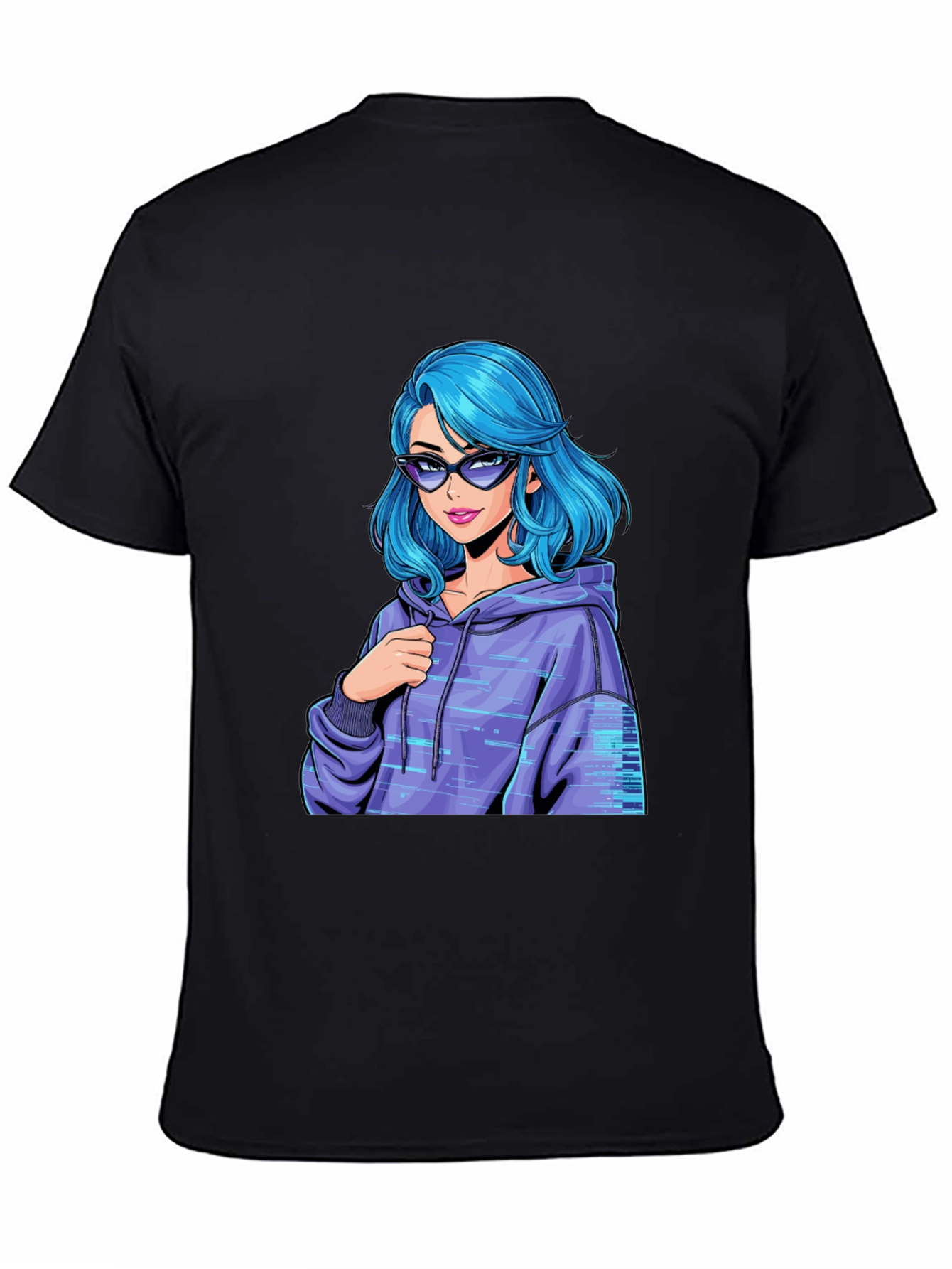 Stylish Black T-Shirt with Blue Anime Girl Design - 4