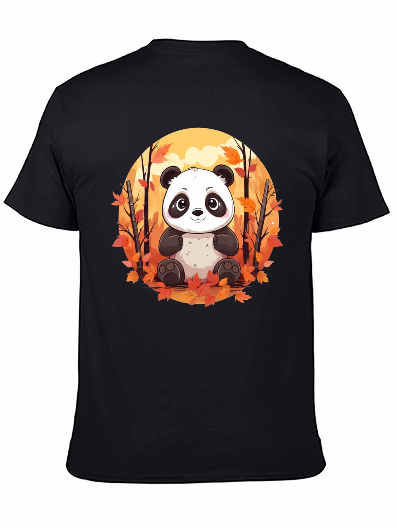 Black Panda Autumn Leaves Black T-Shirt view 4