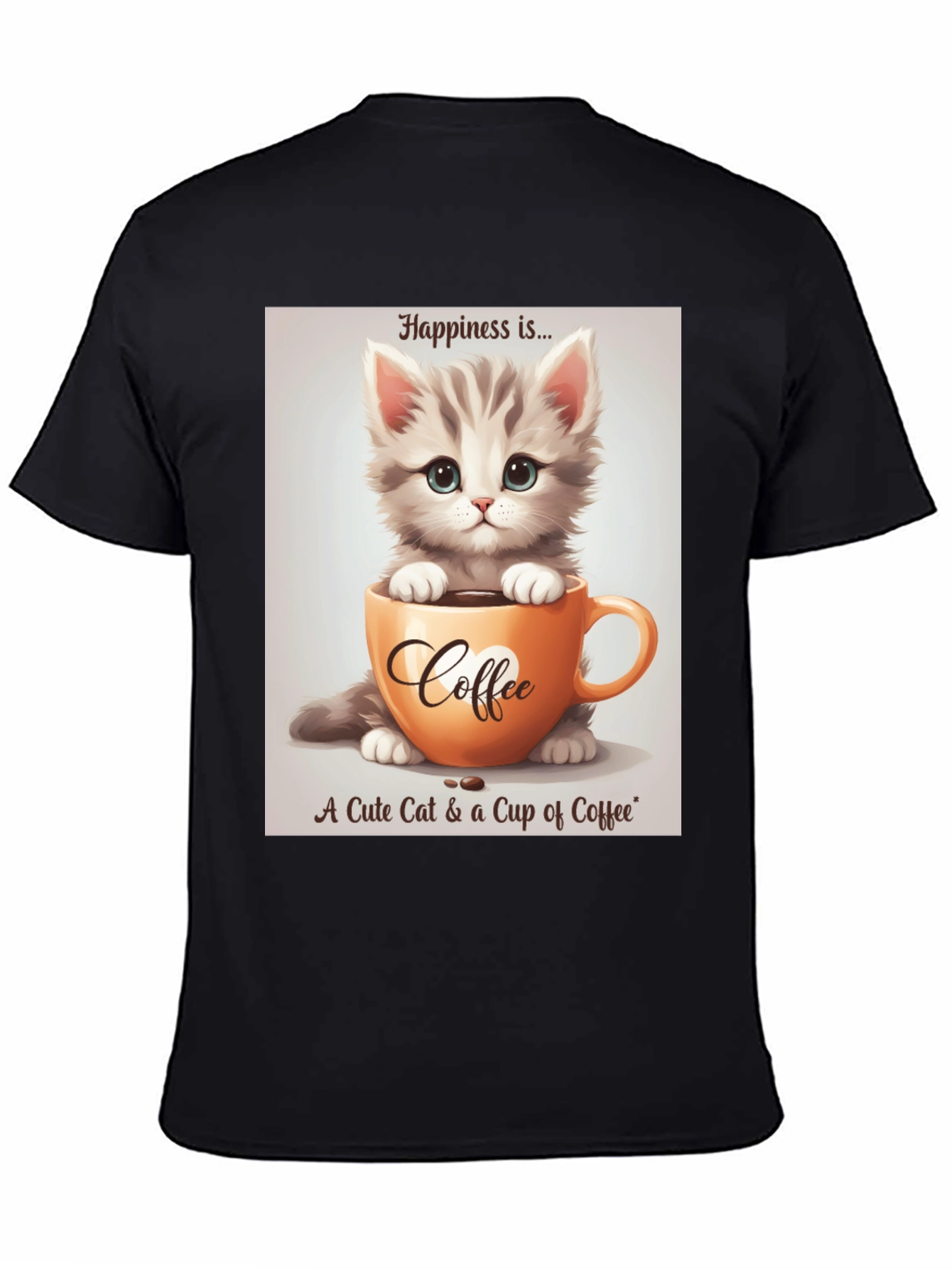 Black Cute Kitten and Coffee T-Shirt - Happiness Is... view 4