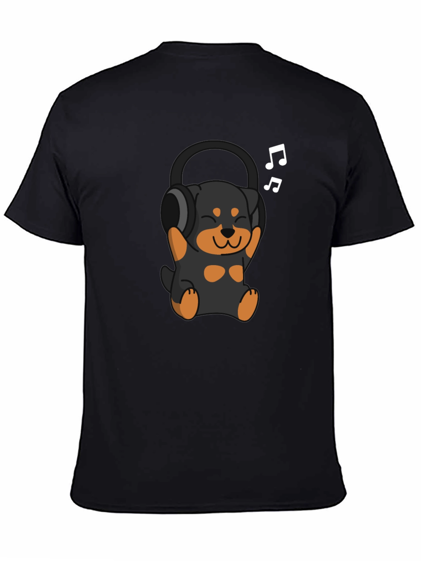 Black Rottweiler Puppy Headphones Black T-Shirt view 4
