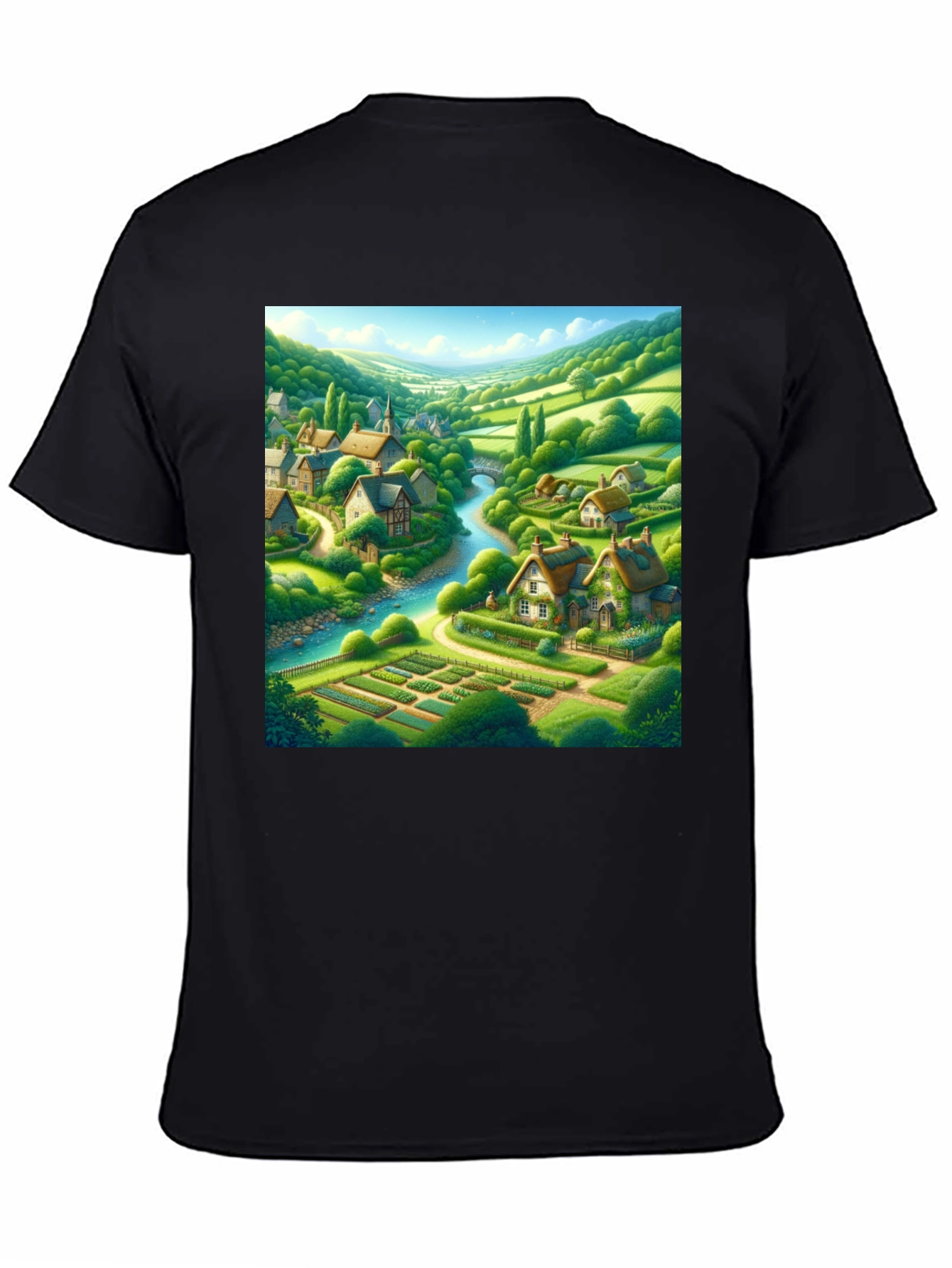 Black Quaint Village T-Shirt - Scenic Landscape Tee view 4