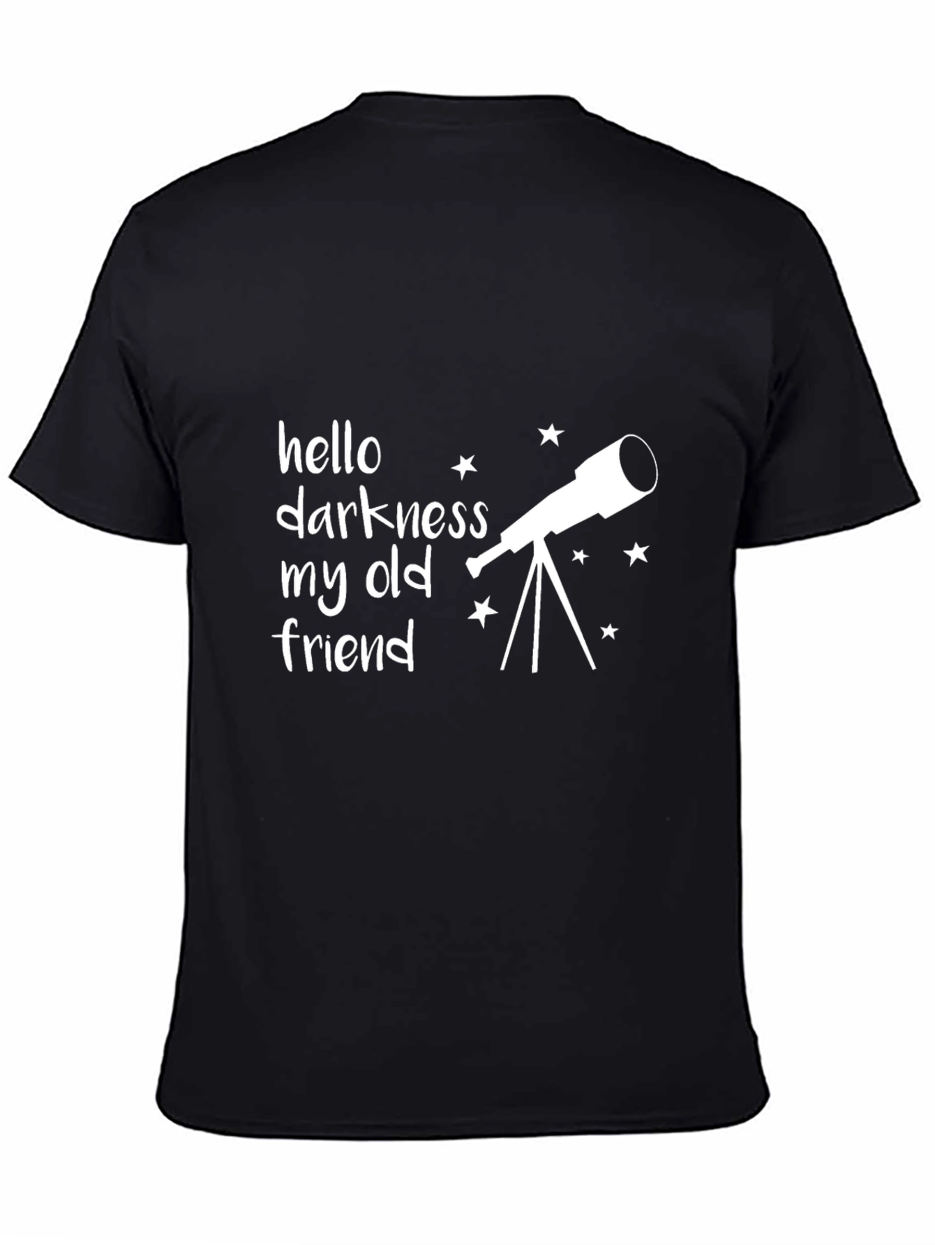 Black Hello Darkness My Old Friend Telescope Black T-Shirt view 4