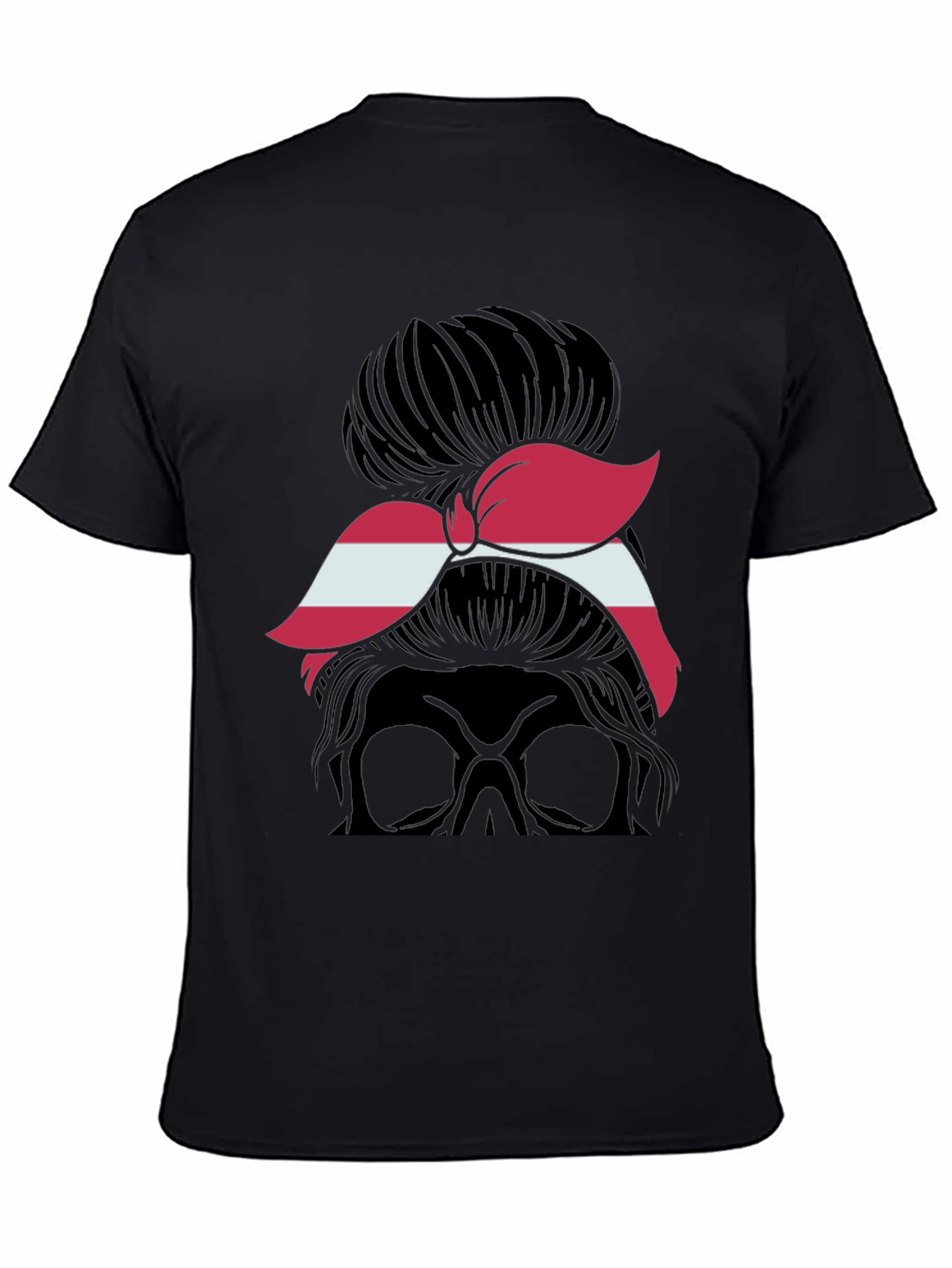 Black Messy Bun Skull Latvia Flag T-Shirt view 4