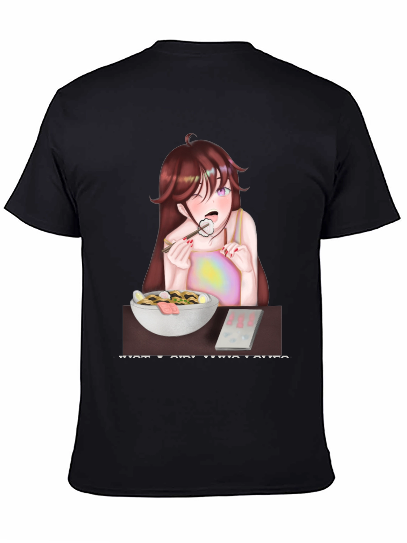 Black Anime Girl Eating Ramen T-Shirt view 4
