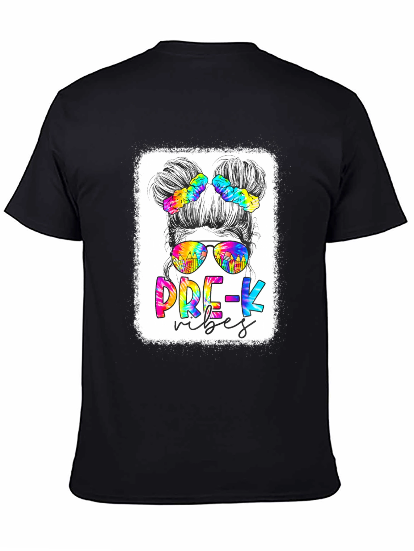 Black Pre-K Vibes Messy Bun Teacher T-Shirt view 4