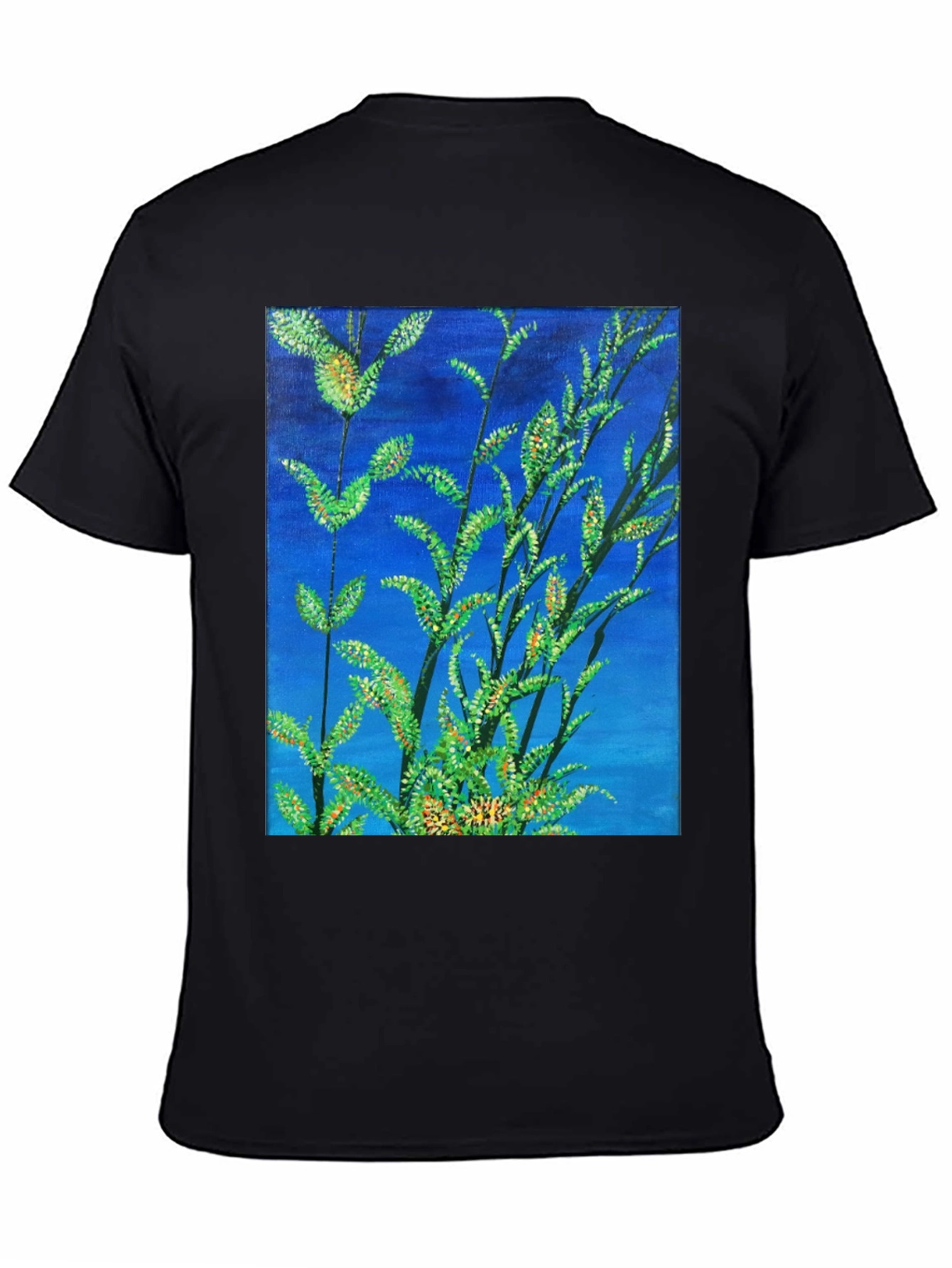 Black Botanical Blue T-Shirt - Vivid Nature Art Tee view 4