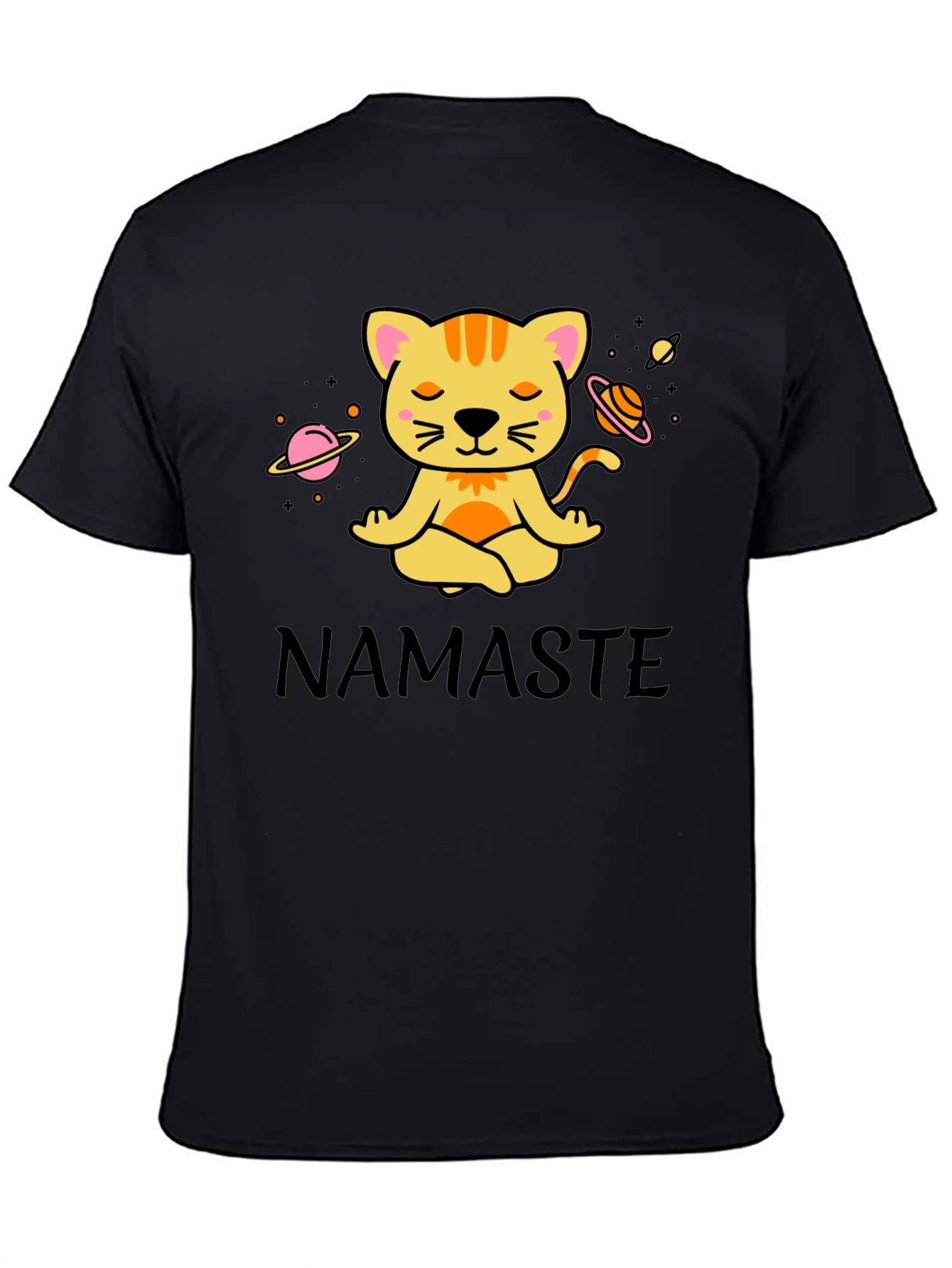 Black Namaste Cat Space Meditation T-Shirt view 4