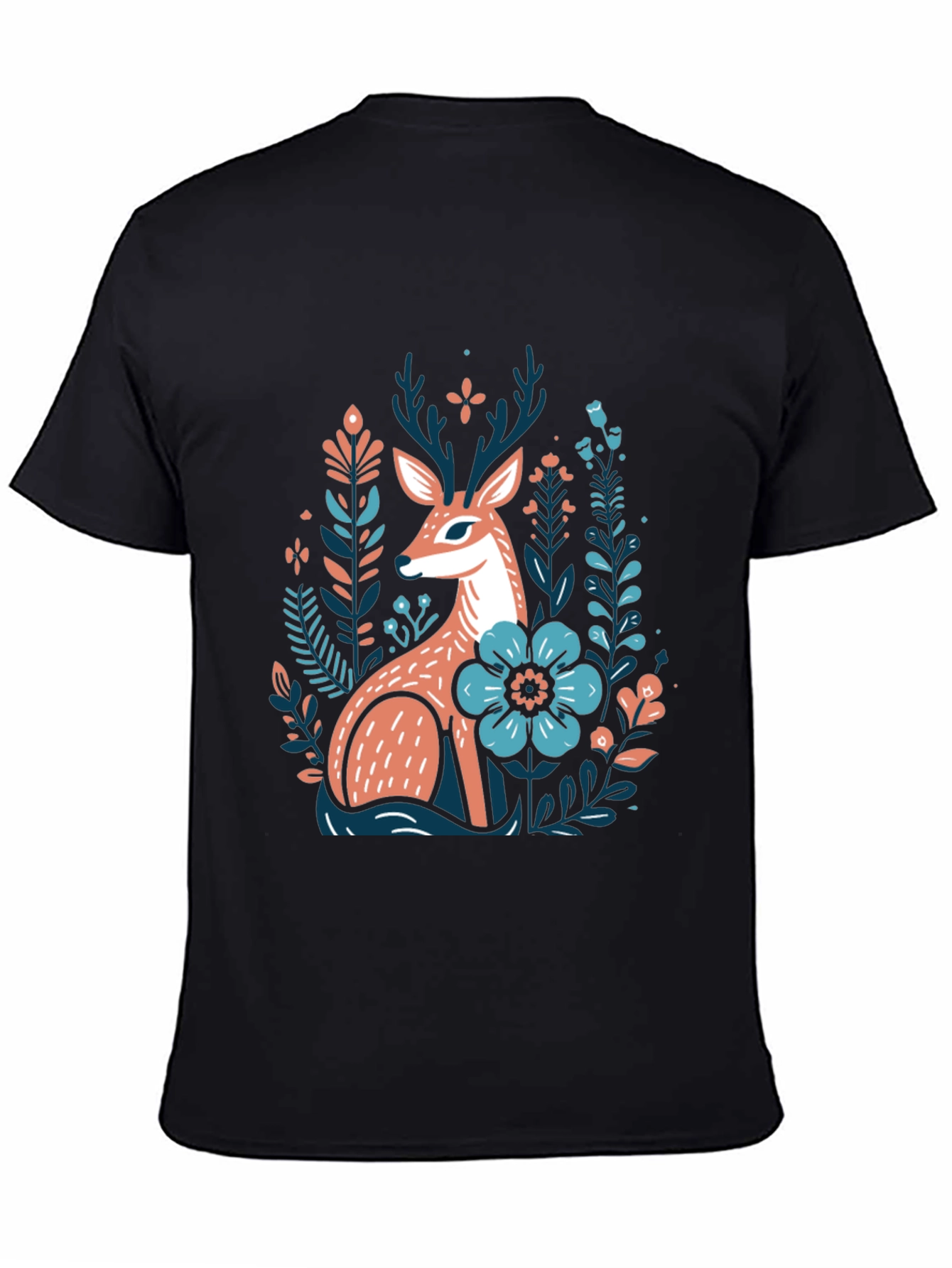Black Deer & Floral Graphic Tee - Nature Inspired Black T-Shirt view 4