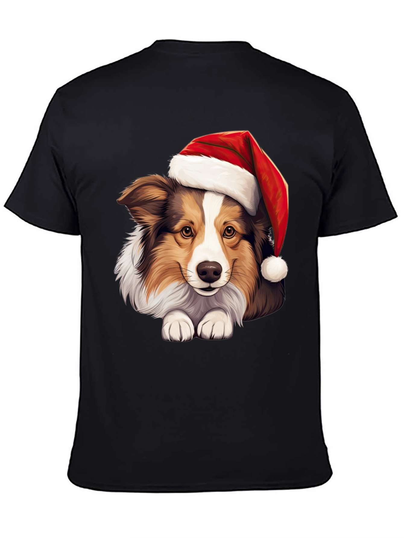 Black Festive Dog T-Shirt: Holiday Collie in Santa Hat view 4