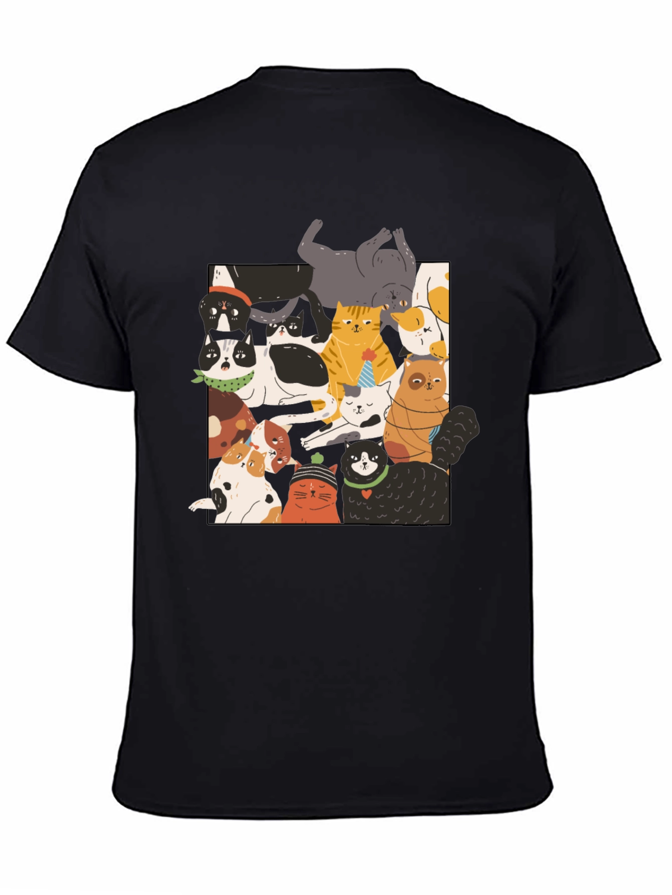 Black Fun Cats Pattern Black T-Shirt view 4